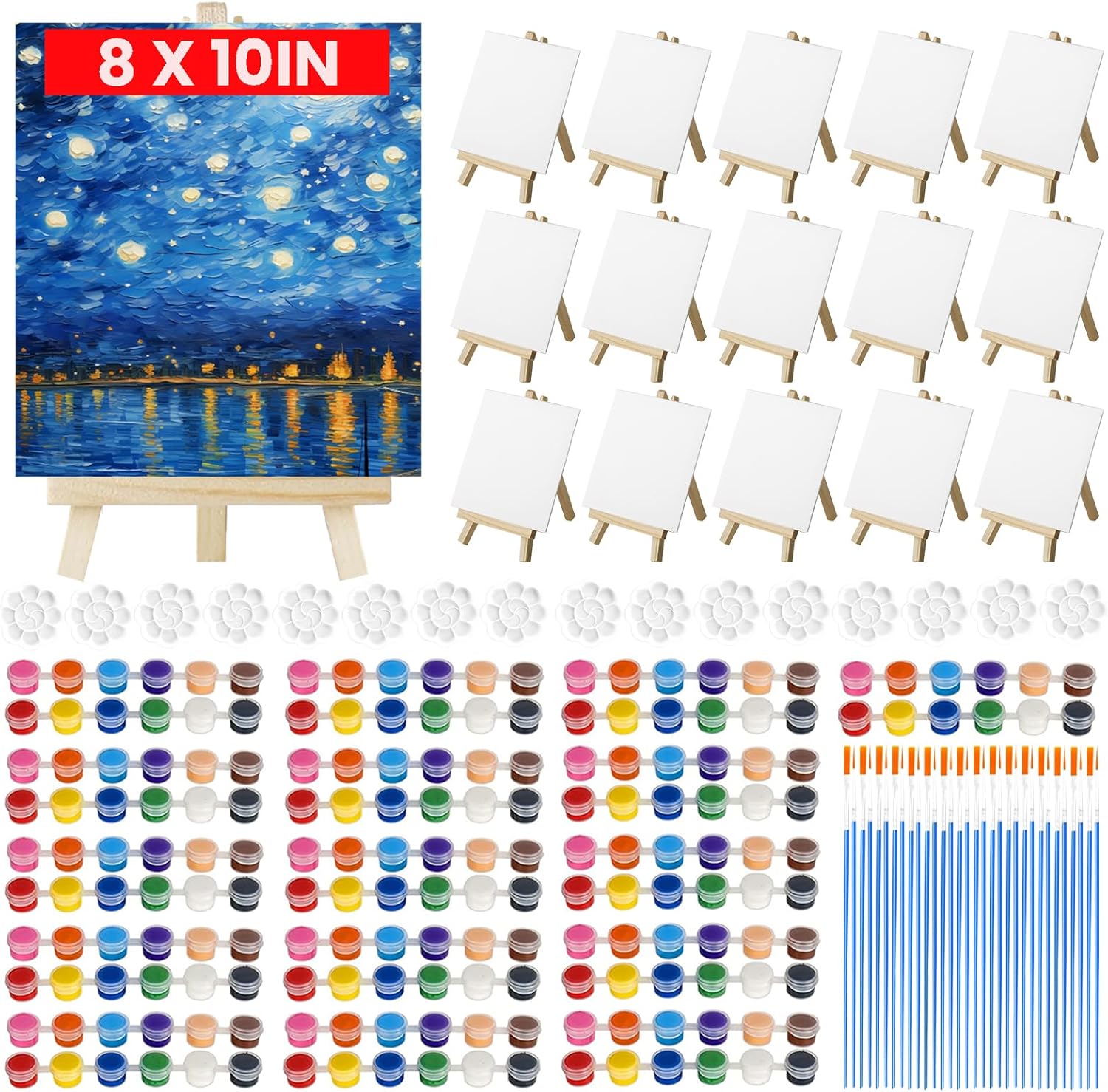 16 Pack 8x10 Inch Canvas and Easel Set, 16 Canvas for Painting with 16 Easels, 16 Acrylic Paint Set, 32 Paint Brushes, 16 Palletes, Bulk Painting Kits for Adults Students Beginners