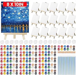 16 Set Canvas Painting Kits for Kids Adults, 8x10 inch Canvas and Easel Set with Acrylic Paint Strips, Pallettes, Brushes, Art Sip and Panit Party Kit for Beginners Drawing