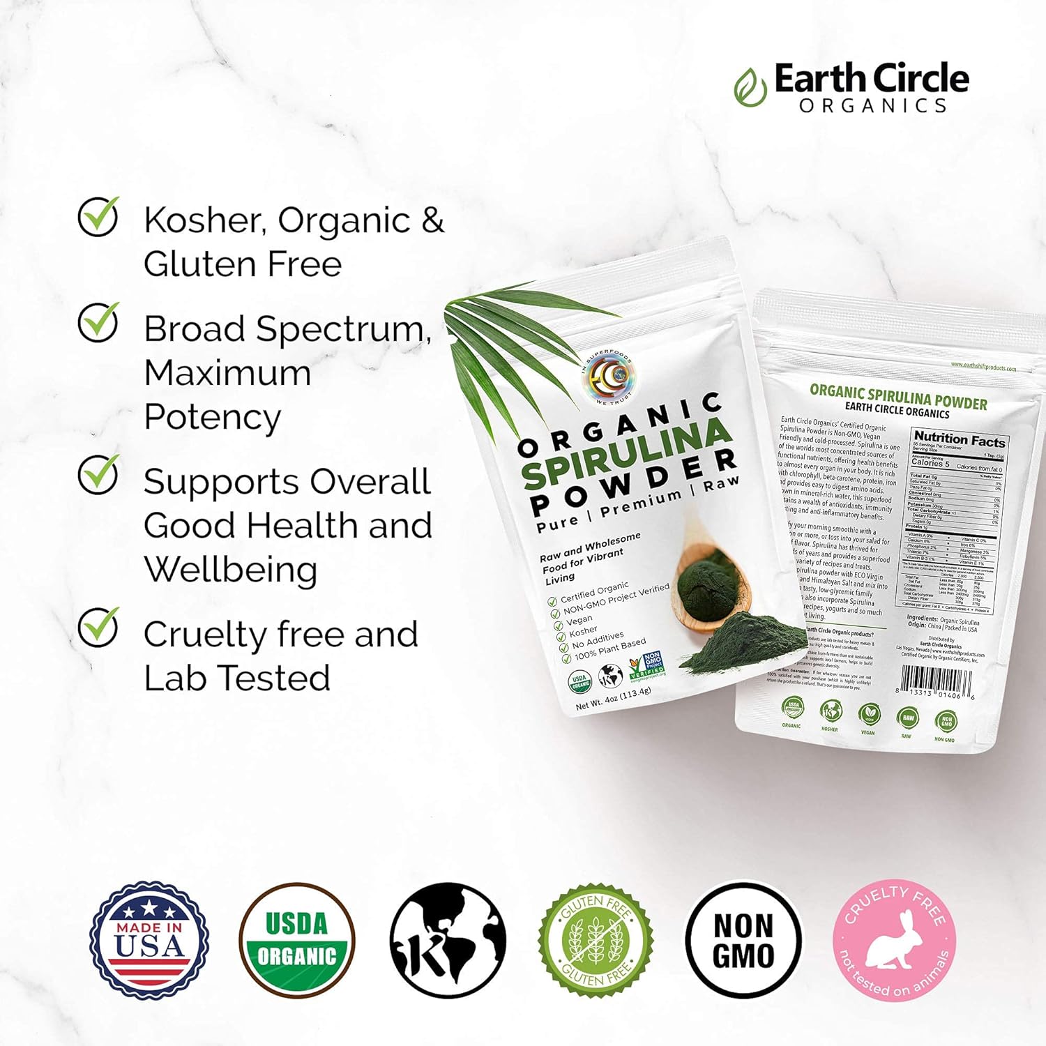 Earth Circle Organics | Organic Spirulina Powder, Kosher, Raw and Non-Irradiated | Pure Vegan Protein | Premium Superfood, High in Amino Acids and Antioxidants : Allspice Spices And Herbs : Health & Household