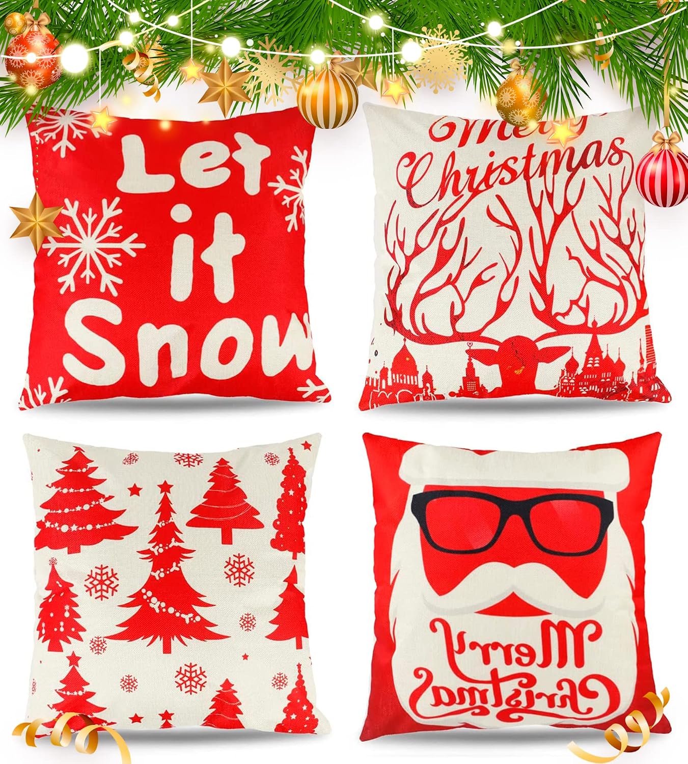 Christmas Throw Pillow Cover Decorations, Holiday Xmas 18" X 18" Decorative Case Cushion Winter Covers Sofa Couch Indoor Outdoor Cotton Linen Pillowcase with Zipper Home Festival Party Red Elk Santa