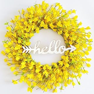 Yellow Forsythia Door Wreath with Hello Sign, TOKCARE 22 inch Spring Wreaths for Front Door Summer Decorations for Home House Farmhouse Front Porch Decor