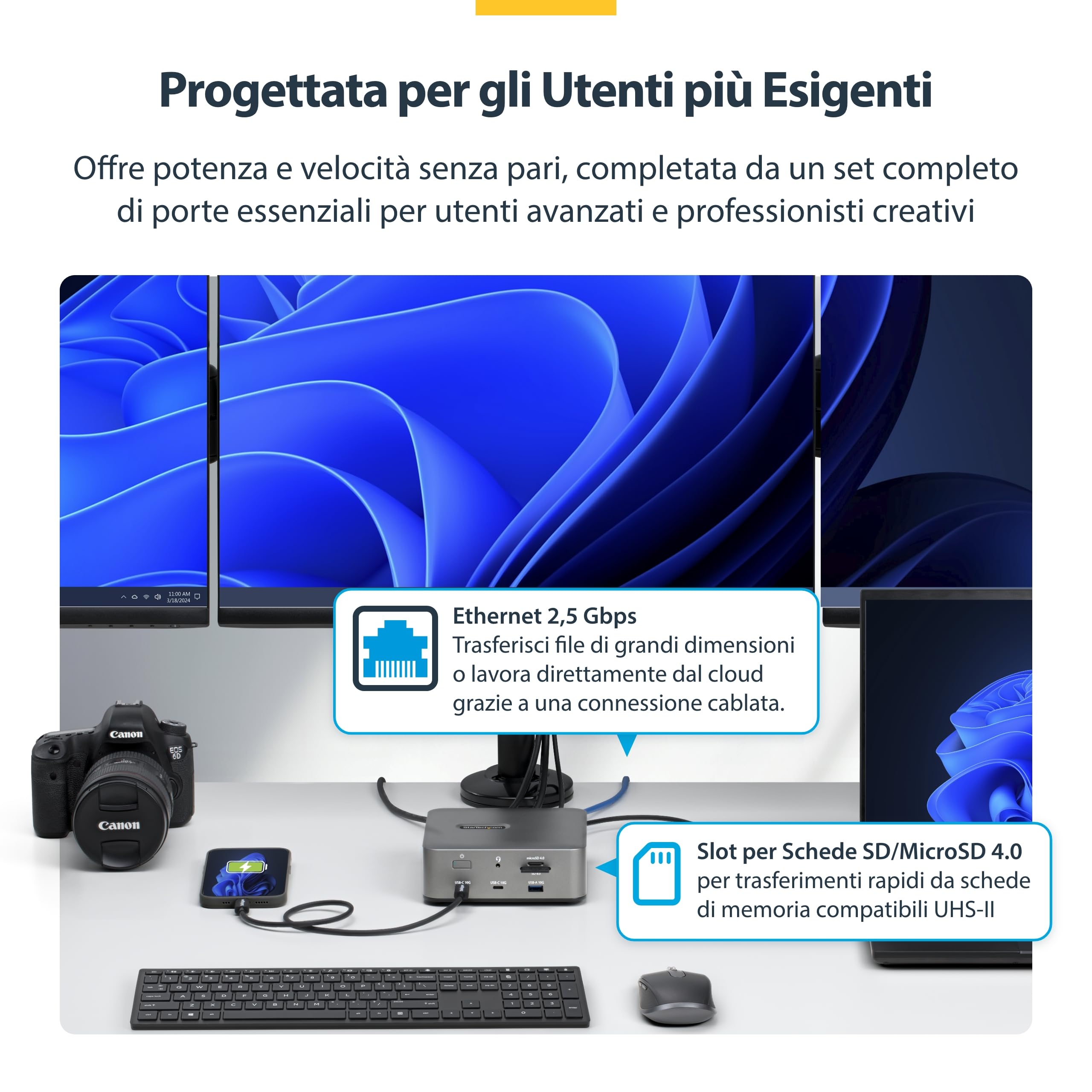 StarTech Dock Thunderbolt 5 USB4, Triplo 4K 144Hz, Doppio 8K 60Hz, 140W | Doppio 8K a 60Hz, Fino a doppio 6K 60Hz per Mac, Compatibile Windows e Mac, Power Delivery