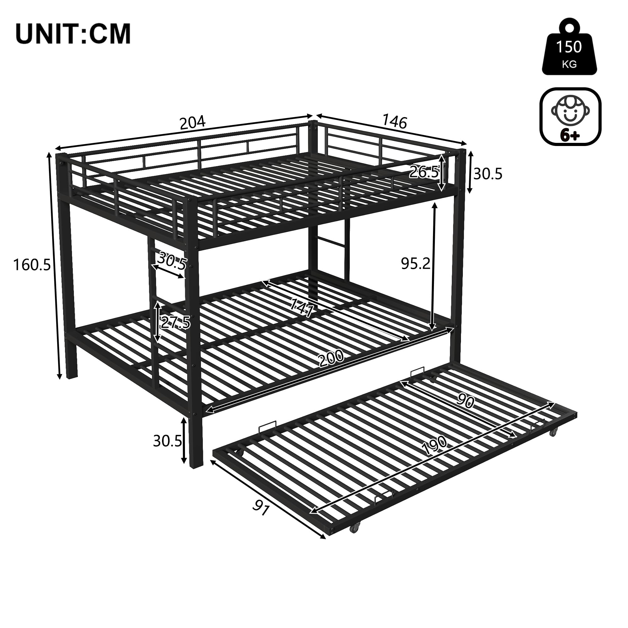 Letto a castello 140x200 cm, con telaio in ferro con sponde laterali e scala di sicurezza, dotato di letto estraibile, per camerette per bambini o dormitori per adulti, senza materasso (nero)