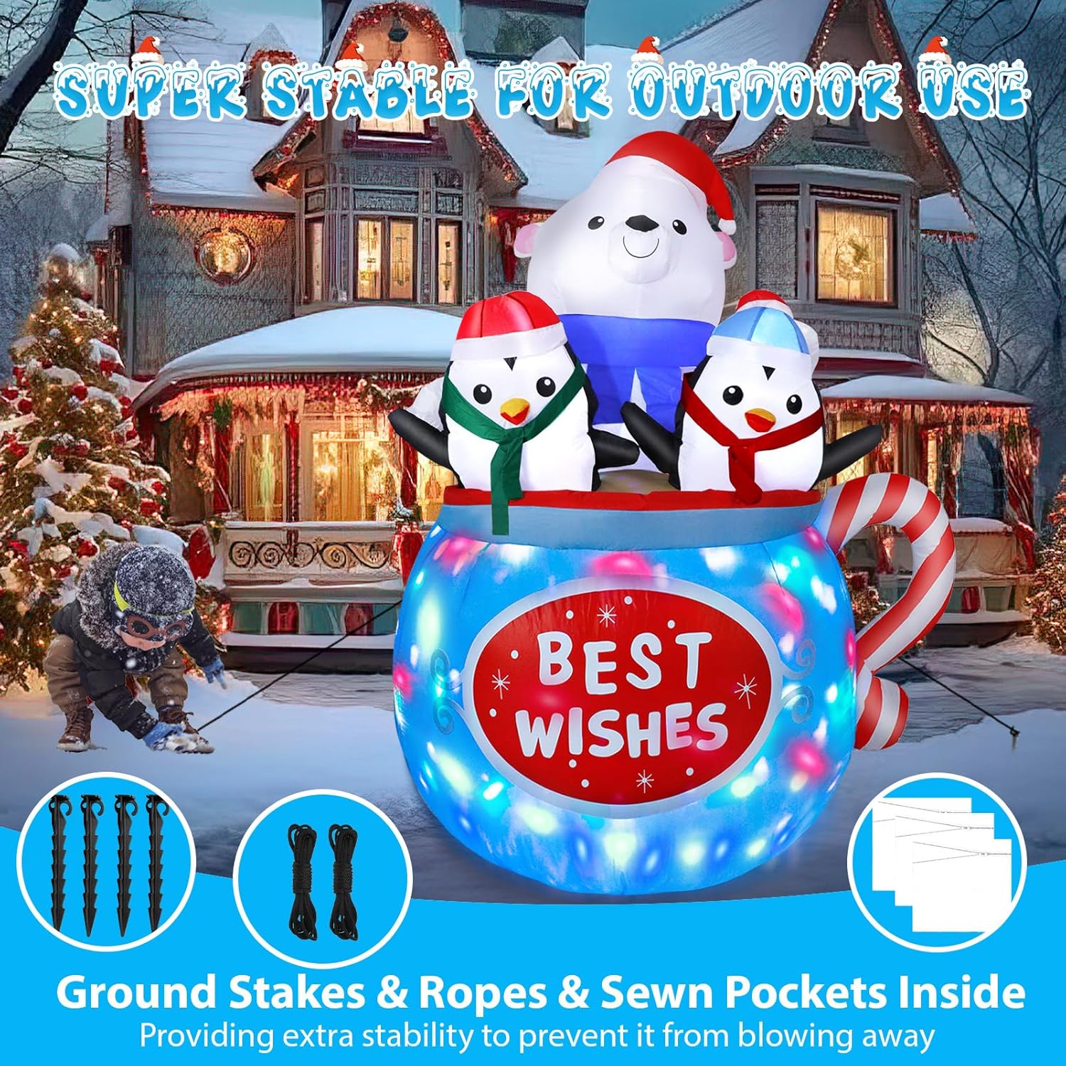 6FT Christmas Inflatables Outdoor Decs, Inflatable Polar Bear and Penguins in The Cup, Built-in Colorful LED Light, Blow Up Yard Decor for Lawn Garden Indoor Xmas Party, for Him, Her - Image 6