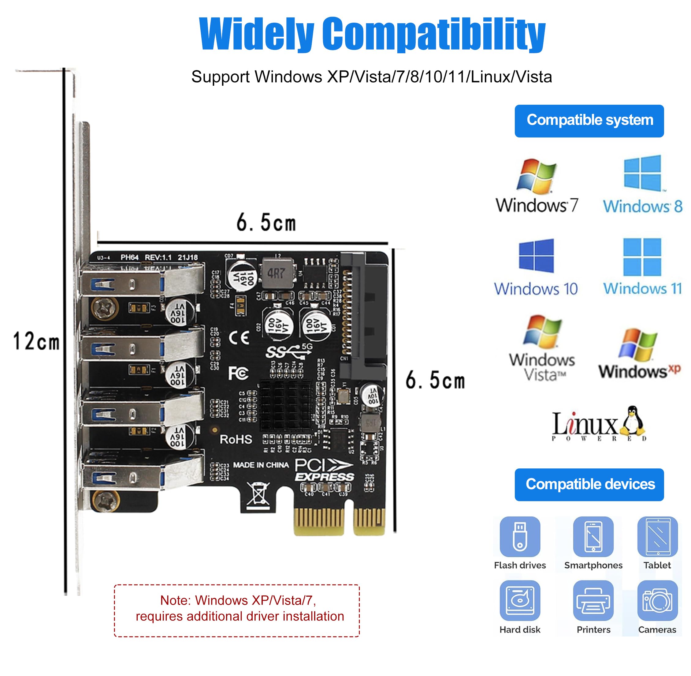 Tarjeta de expansión USB PCIe de 4 puertos, USB 3.2 Gen 1 (5 Gbps), controlador de adaptador de concentrador interno para Windows 11/10/8.1/7/Vista/XP