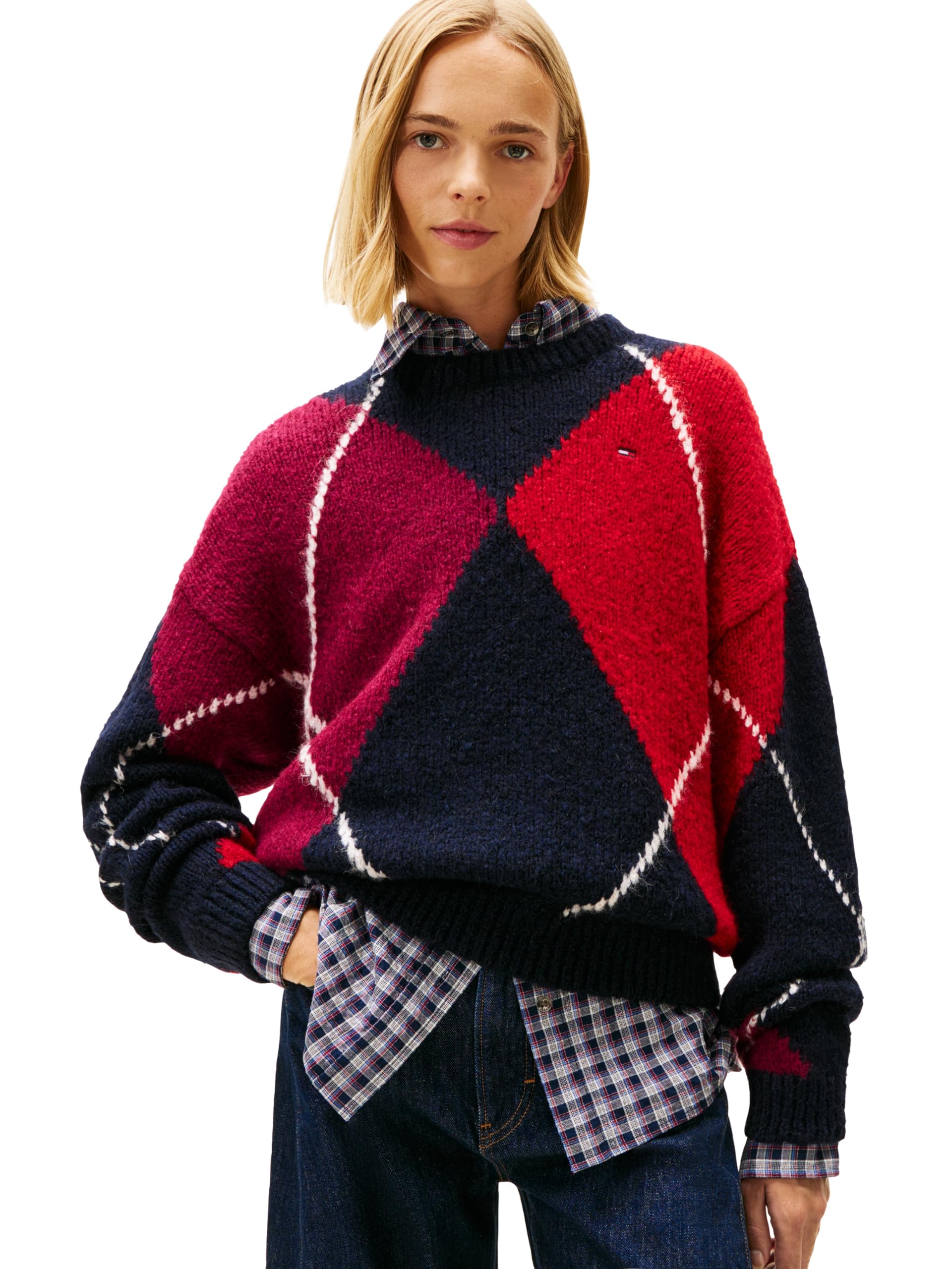 Tommy Jeans Womens Long Sleeve Argyle Pullover Crewneck Sweater with Embroidered Logo