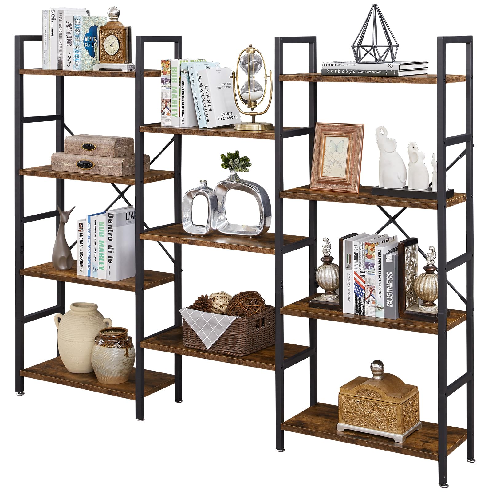 SUPERJARE Triple 4 Tier Bookshelf, Bookcase with 11 Open Display ...