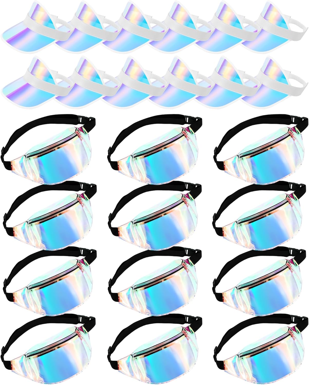 Jeyiour 24 Pcs Holographic Fanny Packs Bulk and Sun Visor Set 12 Sun Visor Hat Colored Beach Golf Cap 12 Metallic Color Fanny Packs PVC Clear Waist Bag for Women Sports Wedding Bachelorette Party Gift