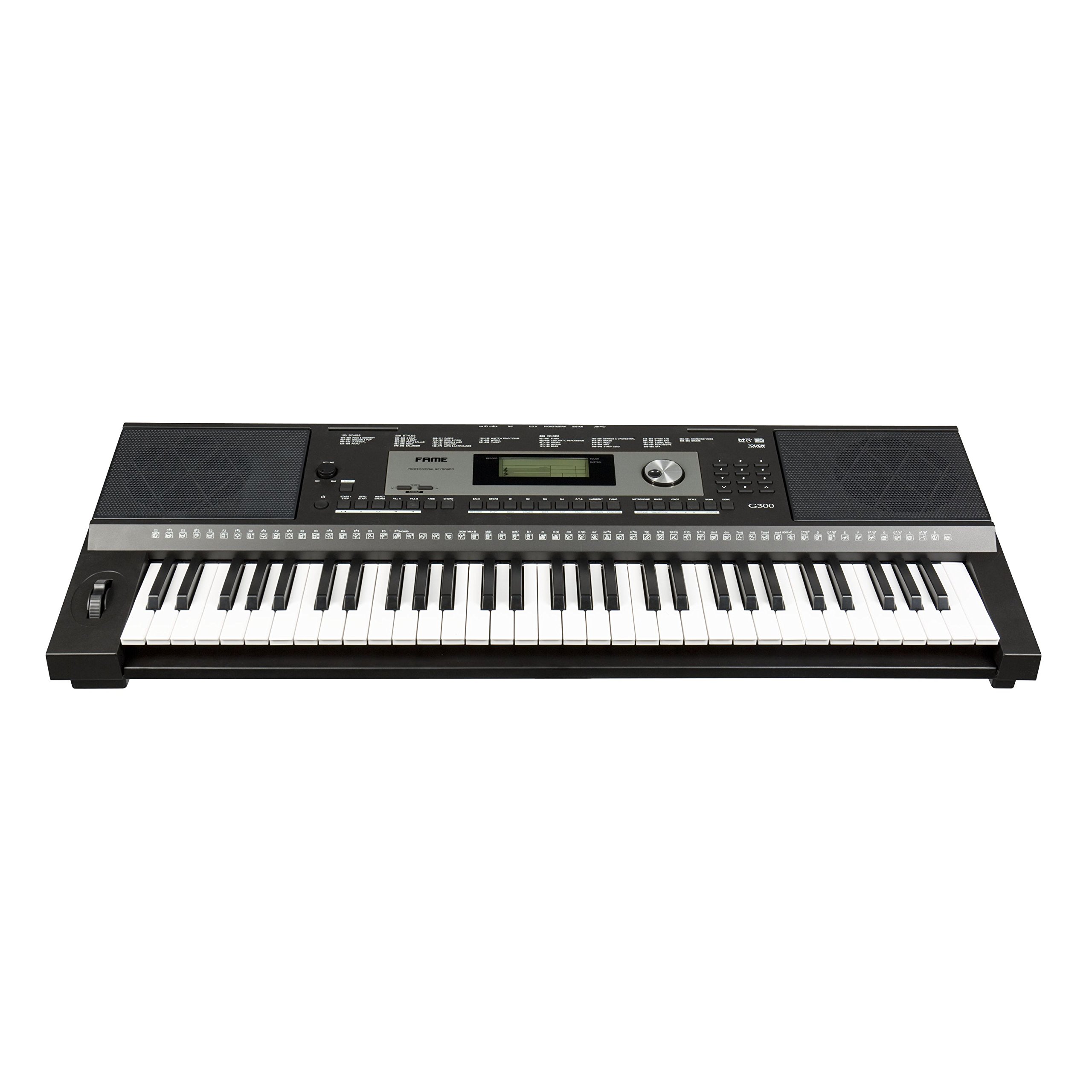 Fame G-300 Keyboard, E-Piano mit 128-facher Polyphonie, 61 Tasten, 220 Styles, 633 Sounds, anschlagdynamischer Klaviatur, 150 Songs, Lautsprechern und Hammermechanik, Schwarz