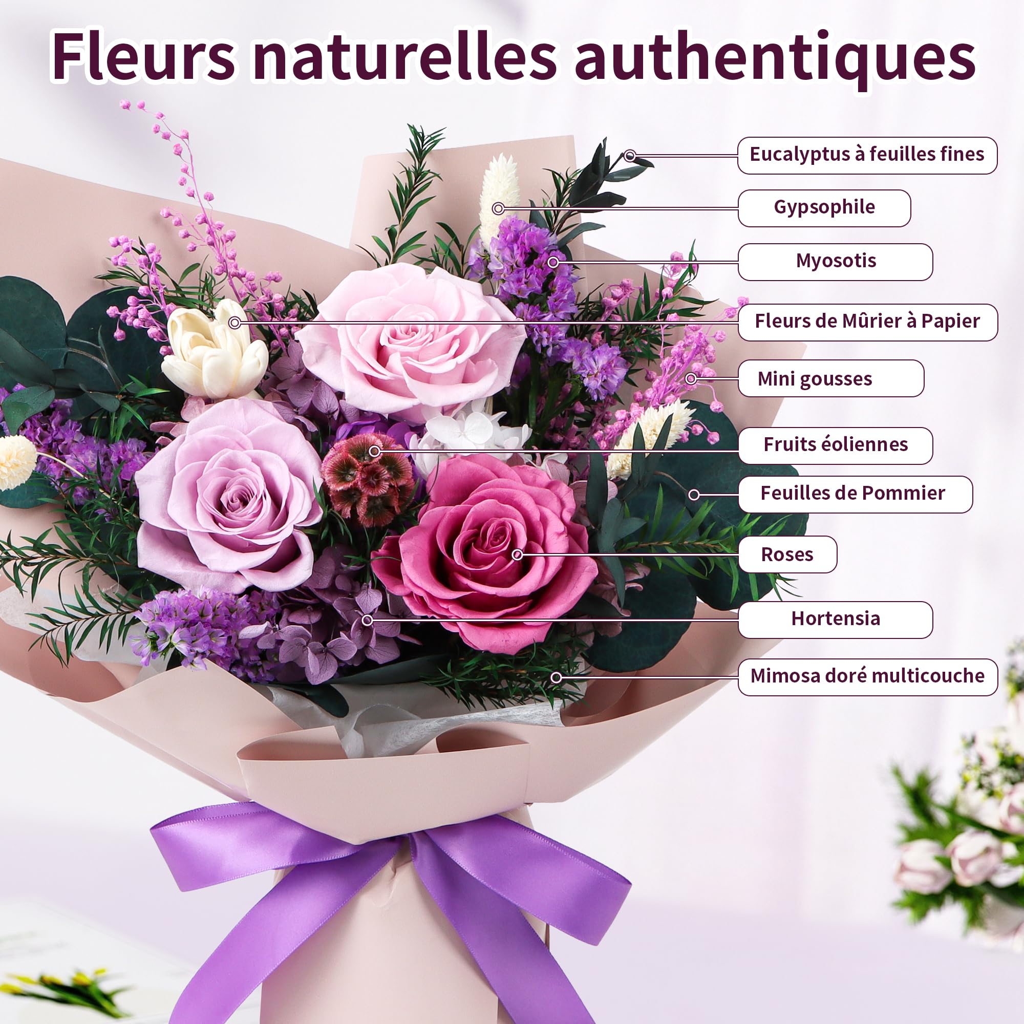 Bukiet zakonserwowanych kwiatów, prawdziwe wieczne kwiaty, prezenty dla kobiet, prezenty urodzinowe dla mamy, przyjaciół, jej dziewczyny, siostry, na walentynki (Pastel Lilac)