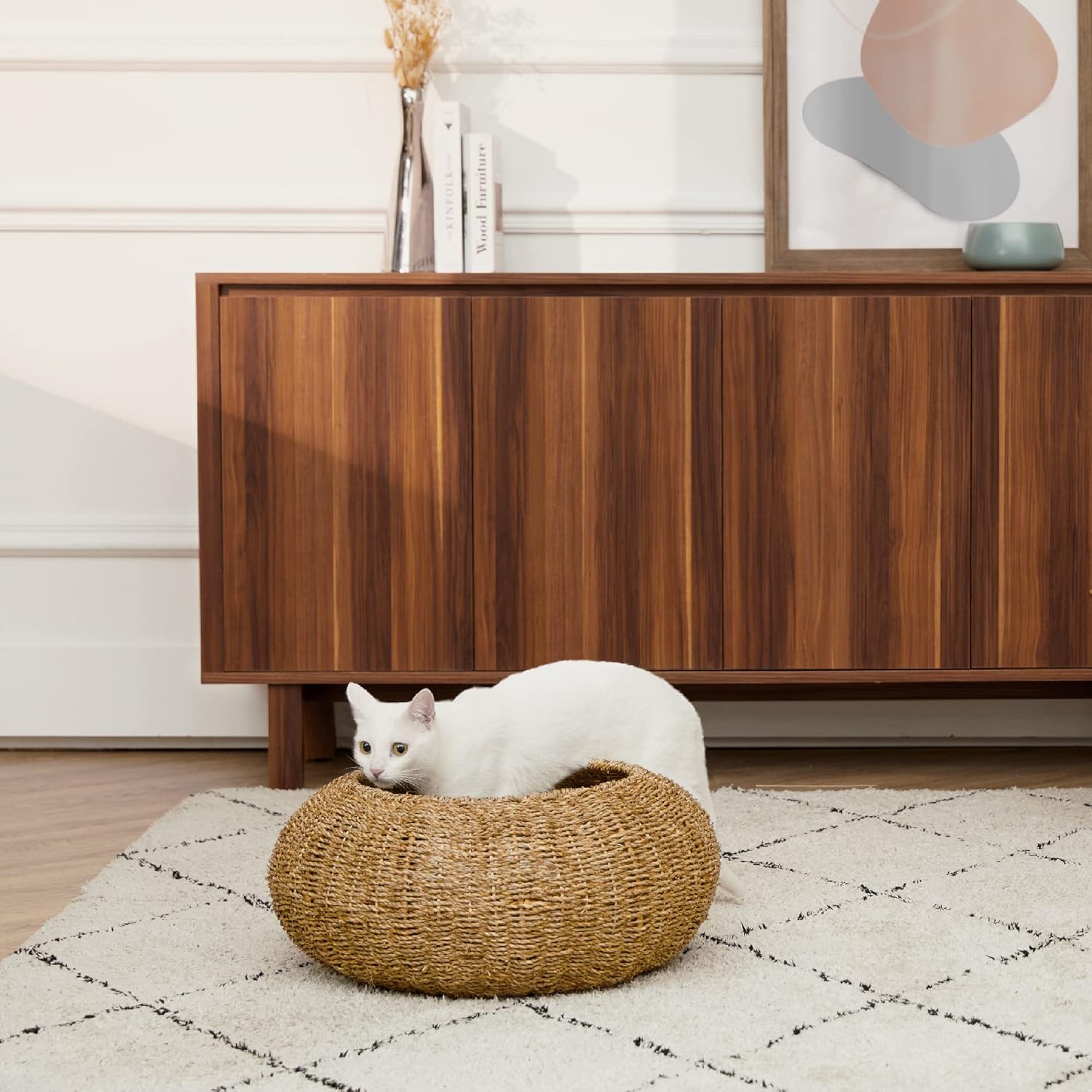 review Teamson Pets Indoor Wicker Cat or Small Dog Bed, Bowl Shaped Lounger Basket with Removable Washable Cushion Tan/Cream, Neith Collection ST-N10003-UK