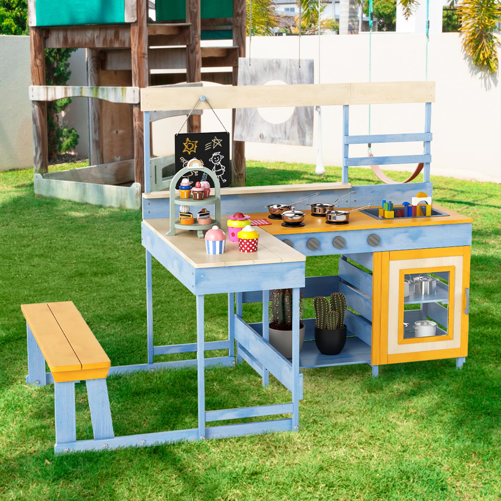 FANTASK Tannenholz Kinderküche, Matschküche mit Picknicktisch & Bank, Dessertzubehör Küchengeschirr Tafel, Outdoor Spielküche Küche für Kinder ab 3 Jahren (Hellblau)