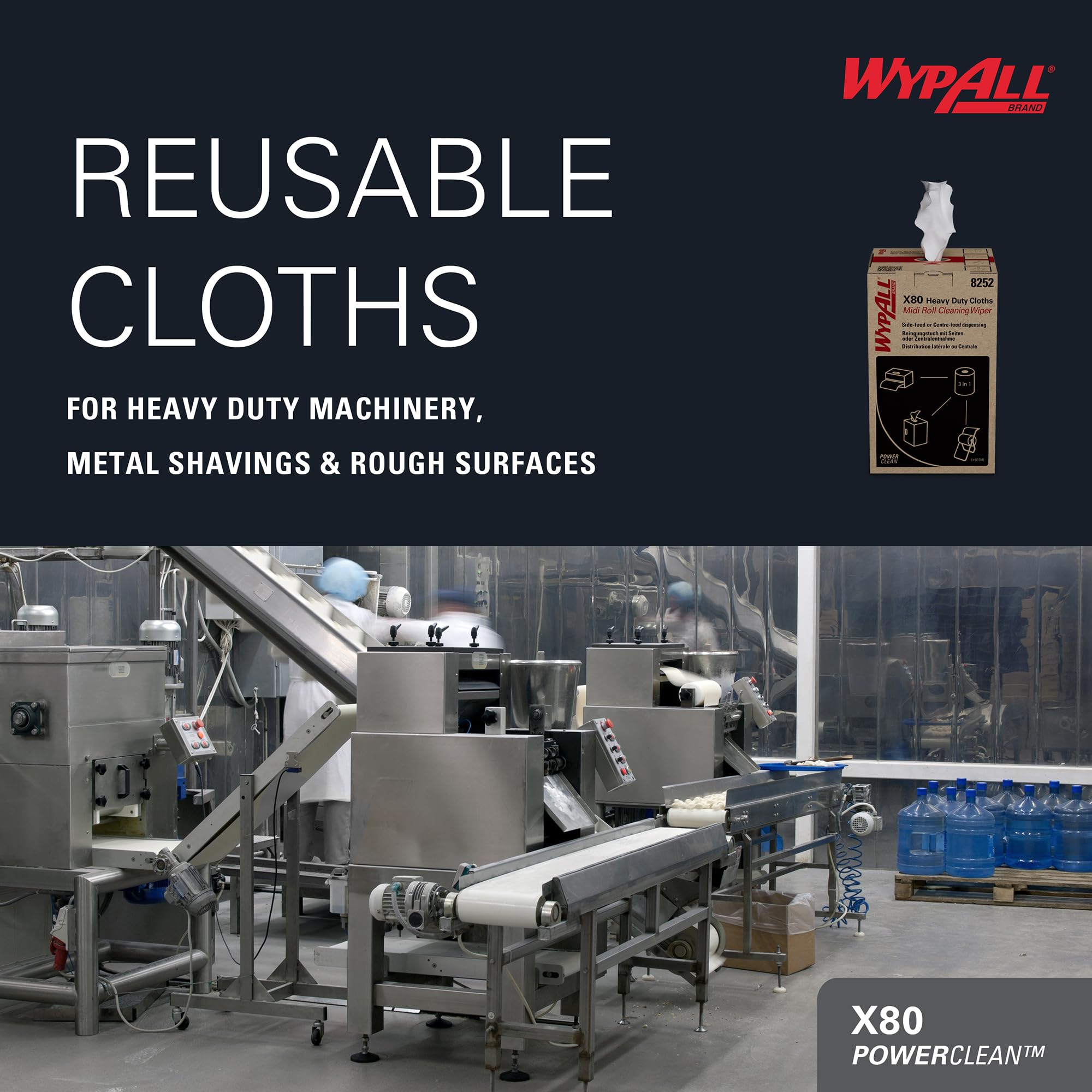 WypAll X80 Power Clean Reinigungstücher 8252, weiße Wischtücher für schwere Reinigungsaufgaben, 2-in-1 Midi-Rollenreinigungssystem, 1 Rolle x 180 Wischtücher