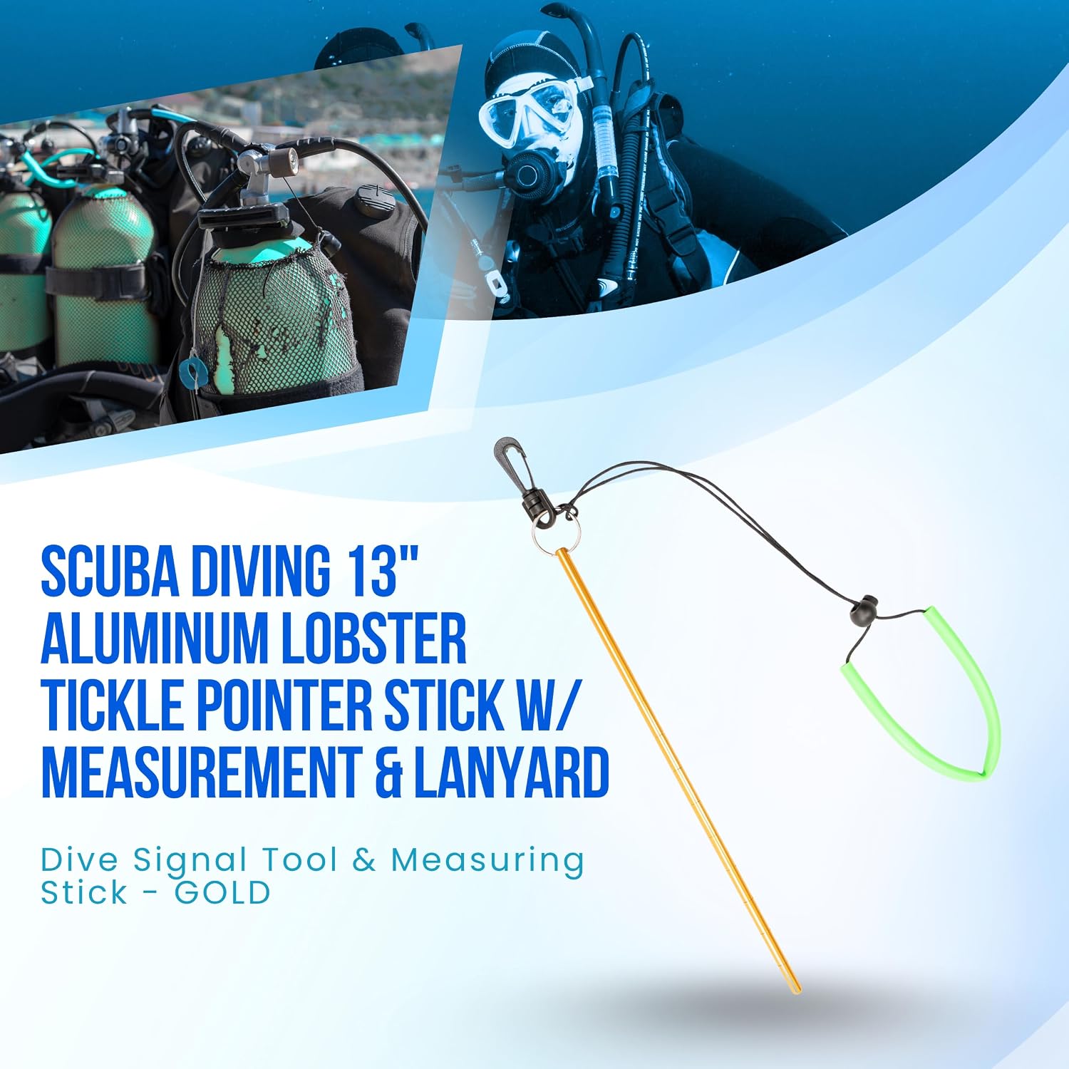 Scuba Choice Aluminum Lobster Tickle Stick (13") with Measurement Marks and Safety Lanyard, Lightweight Durable Underwater Tool for Scuba Diving, Spearfishing and Lobster Hunting