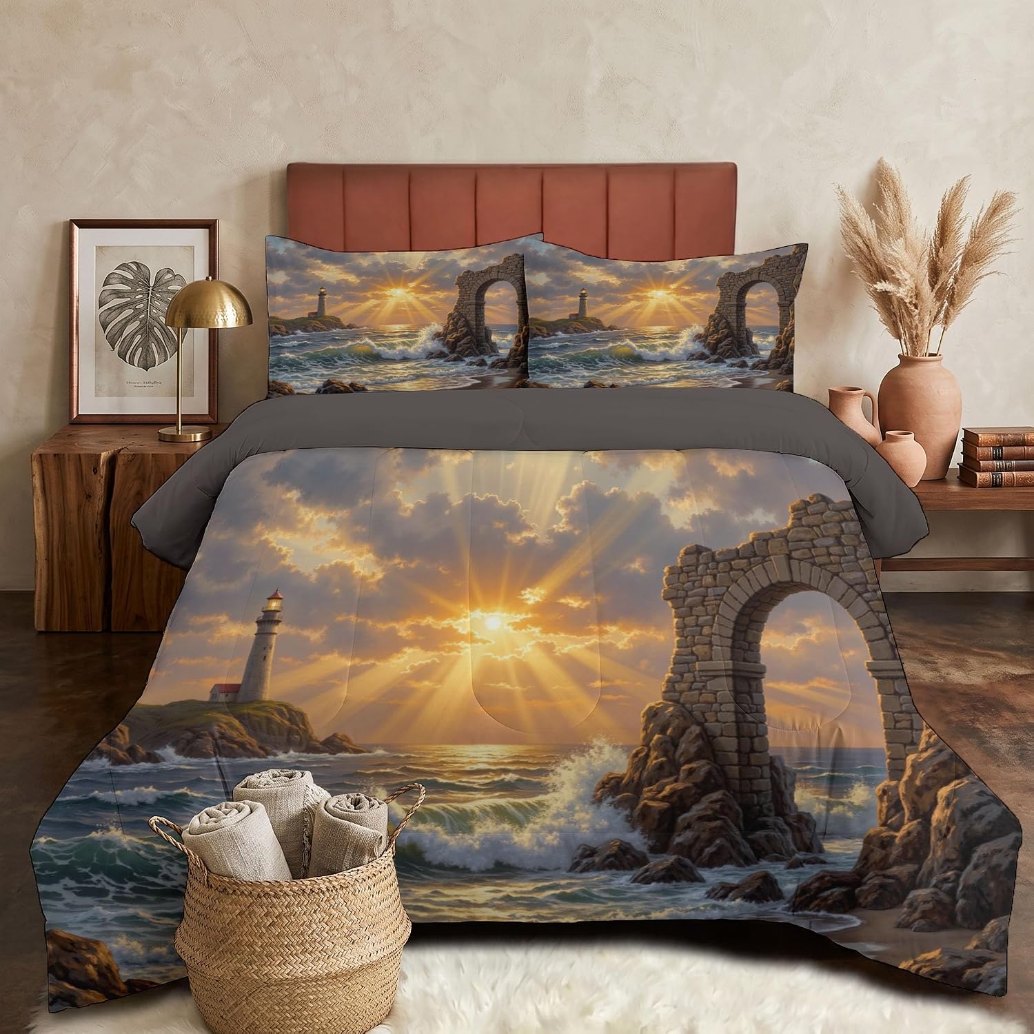 Realistic Landscape Comforter Set Full Size, Sunset Lighthouse Beach Print Breathable Bedding Set for Girls Boys Teens, Orange Gold Quilt Duvet with 2 Pillow Cases