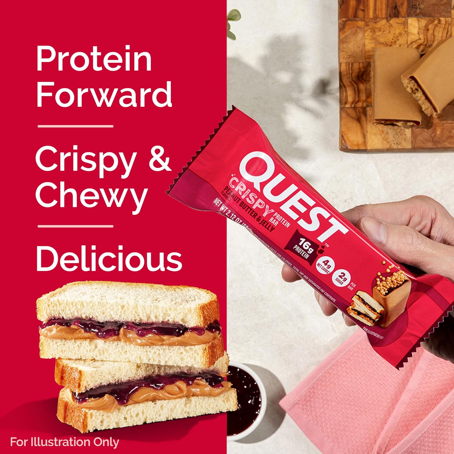 Quest Nutrition Crispy Peanut Butter & Jelly 16g Protein Bar, 2g Sugar, 4g Net Carbs, Gluten Free Snack, Keto Friendly, 12 Count
