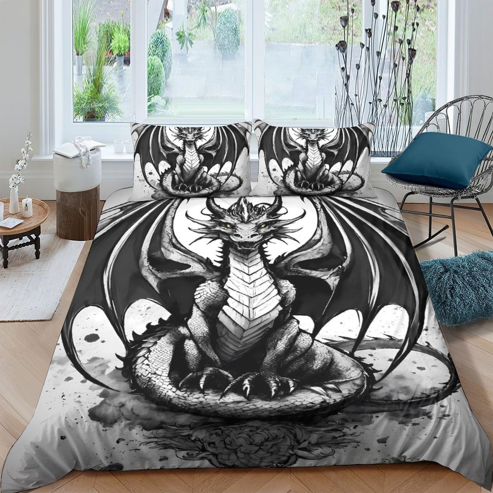 Ctjqhvkz Style-1 3D Printed Black Dragon Fitted Sheet Microfiber Soft Breathable Gothic Fantasy Bed Cover For Bedroom Decor Single（135X200cm）
