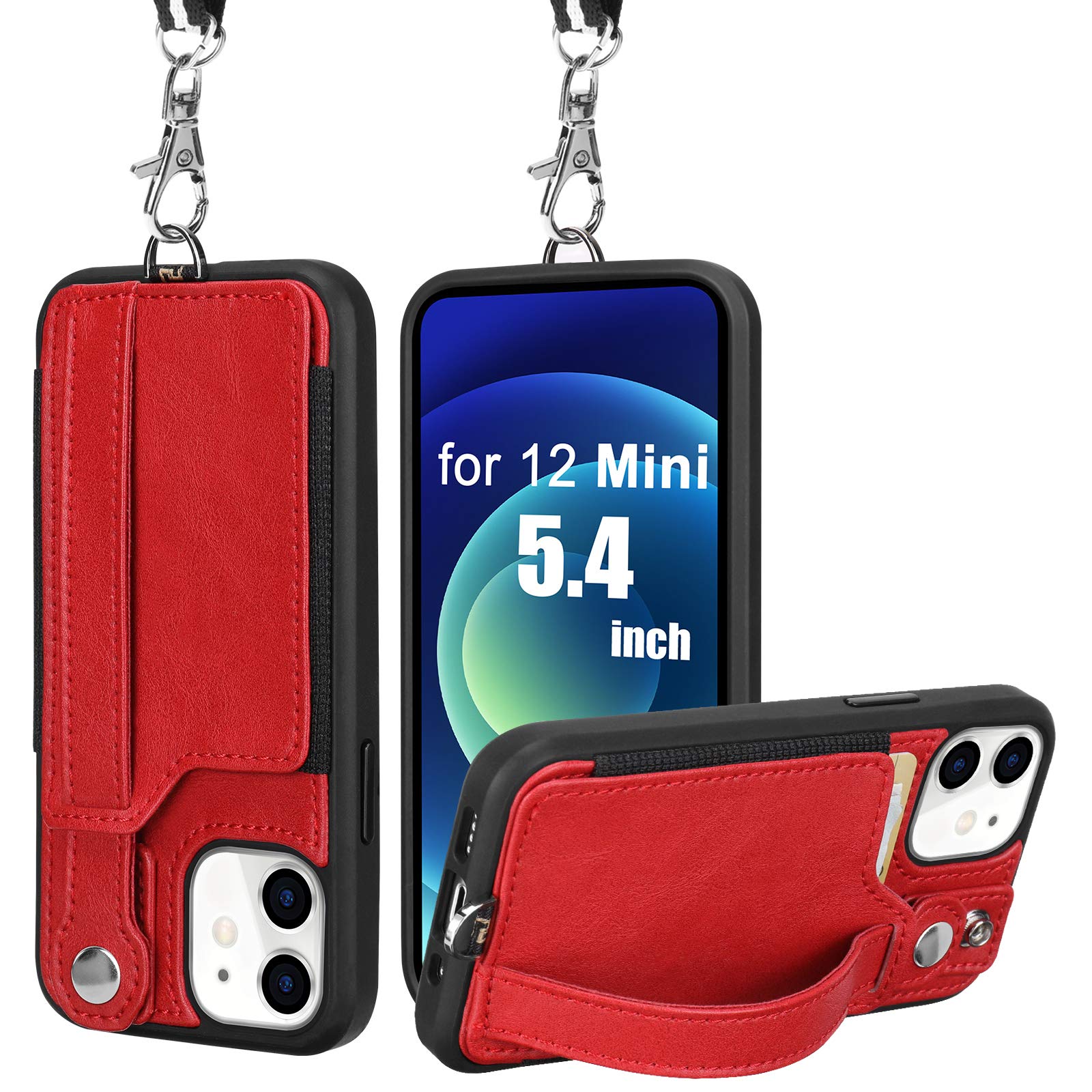TOOVREN Compatible with iPhone 12 Mini Case, Phone Case Wallet Protective Case with Leather PU Stand Card Holder Adjustable Detachable Strap Lanyard