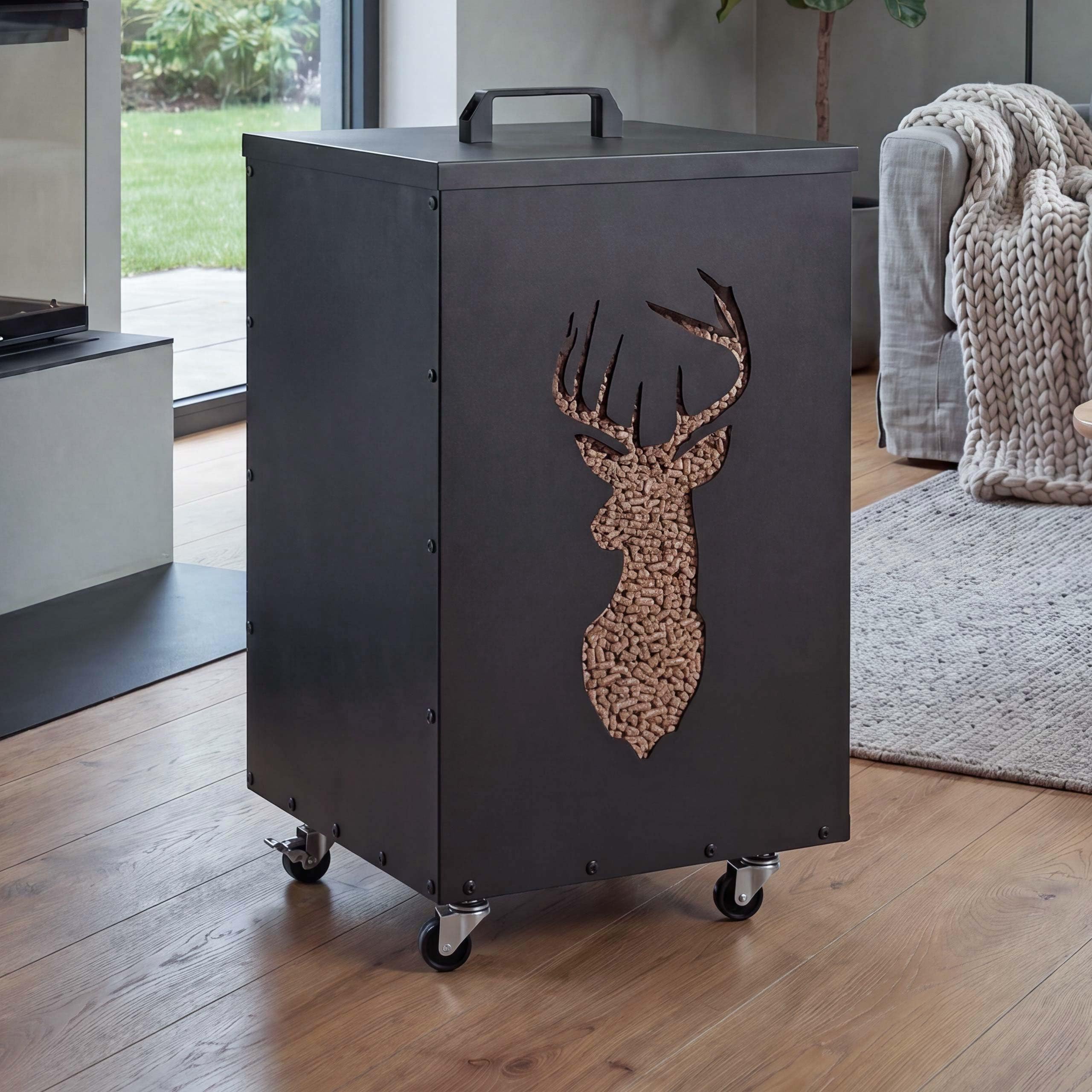 Mendler Contenitore per Pellet Cervo HWC-Q30 stoccaggio Pellet, con setaccio Filtro e rotelle 65x36x36cm - Antracite