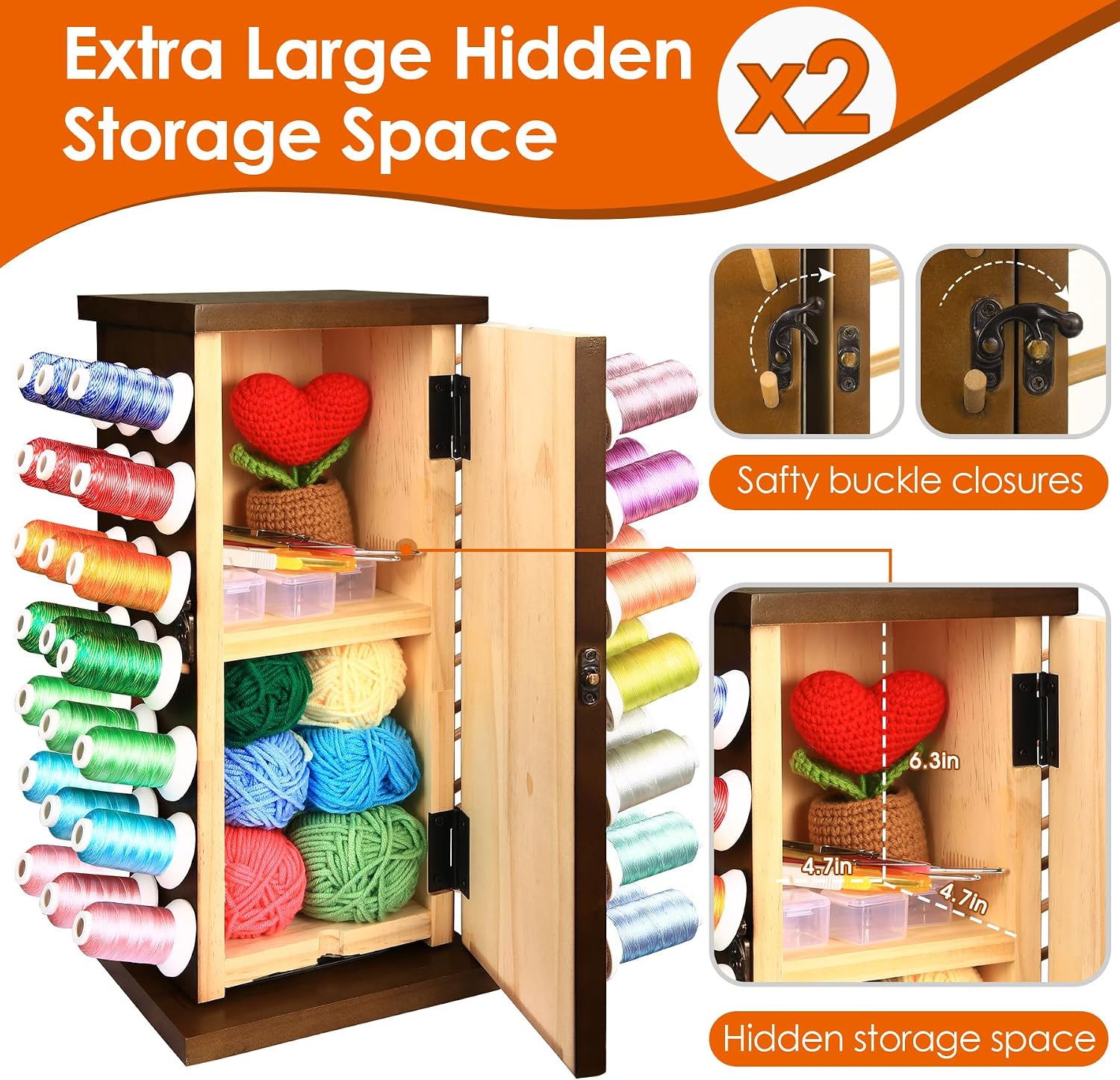Wooden 84 Spools Thread Rack/Thread Holder Organizer with Inner Storage Compartments, 360° Fully Rotating Thread Storage Organizer for Sewing, Embroidery, Hair-braiding and Jewelry (Brown)