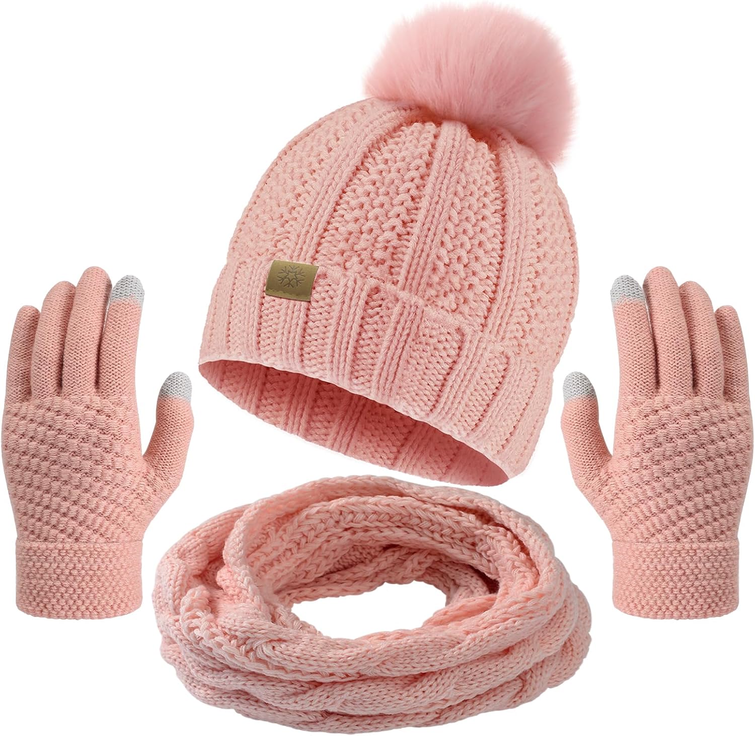 Passionbility Winter Beanie Hat Circle Scarf Touchscreen Gloves Set, Snow Knit Skull Cap, Warm Thick Fleece Lined Neck Warmer