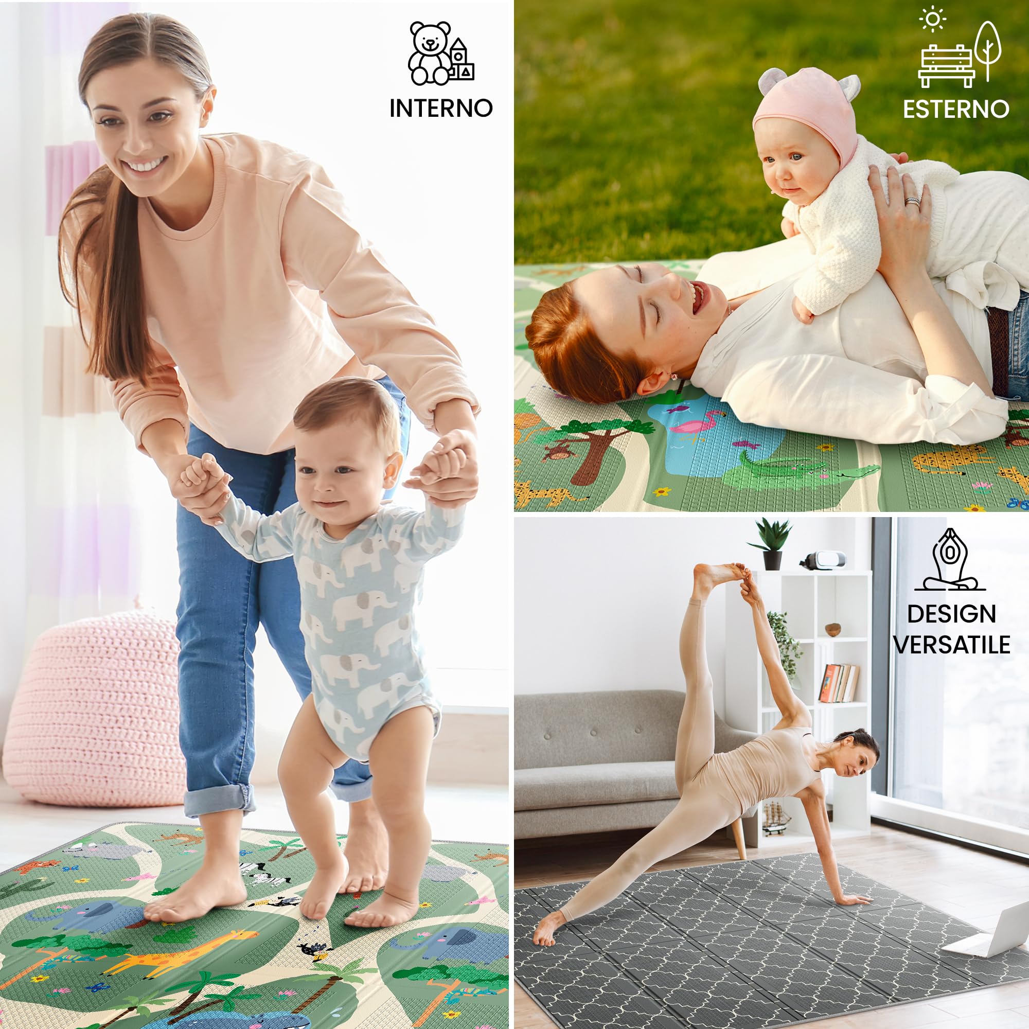 Tappeto Gioco Bambini Pieghevole – Tappeto Gioco Neonato, Tappeto Neonato Gattonamento, Tappeto Tummy Time Neonati, Tappetone Neonato Morbido, Tappeto Gomma Bambini, 180x200cm - Safari