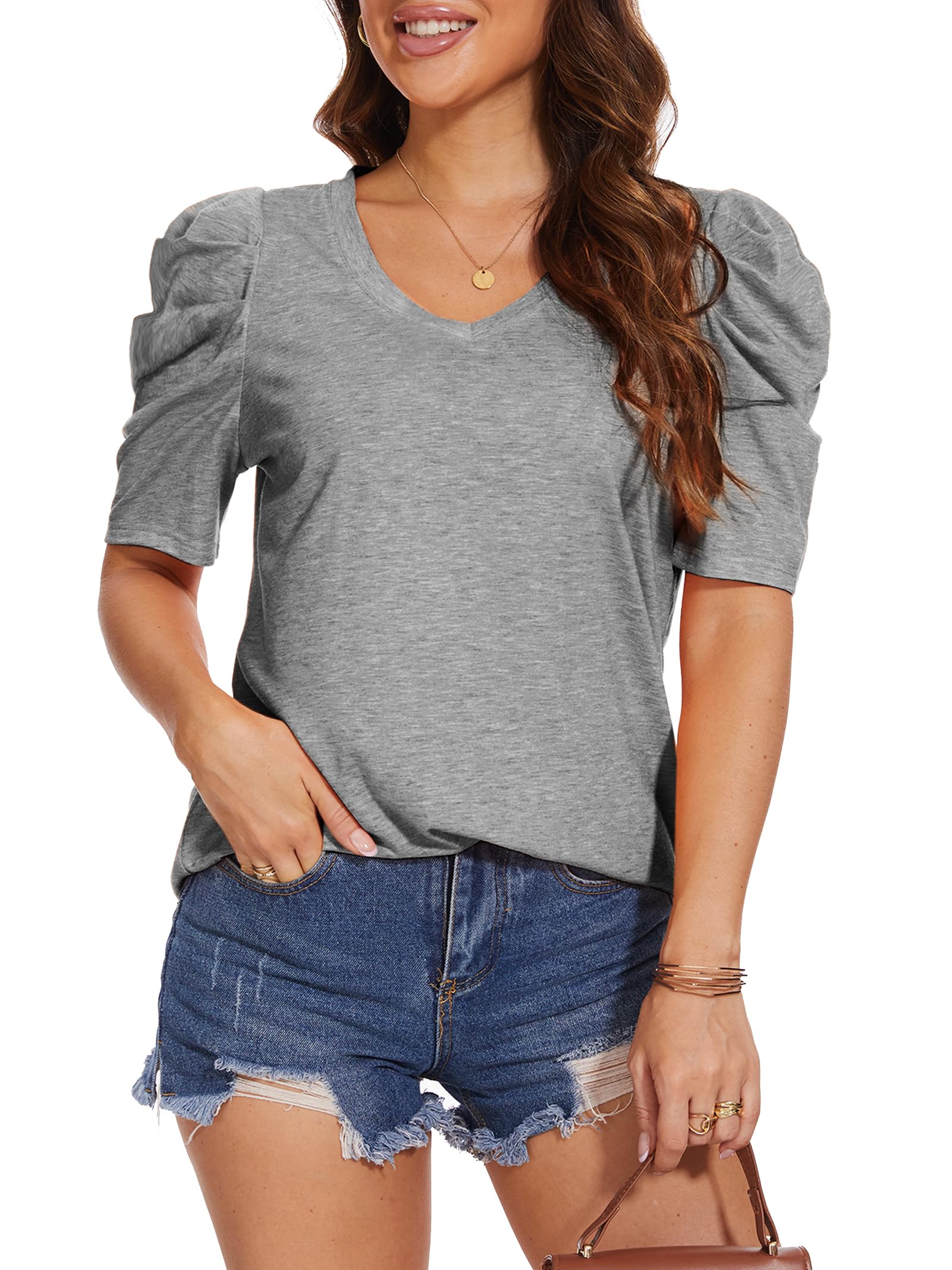 bpbtti Womens Summer Tops V Neck Puff Sleeve T Shirts Casual Loose Fit
