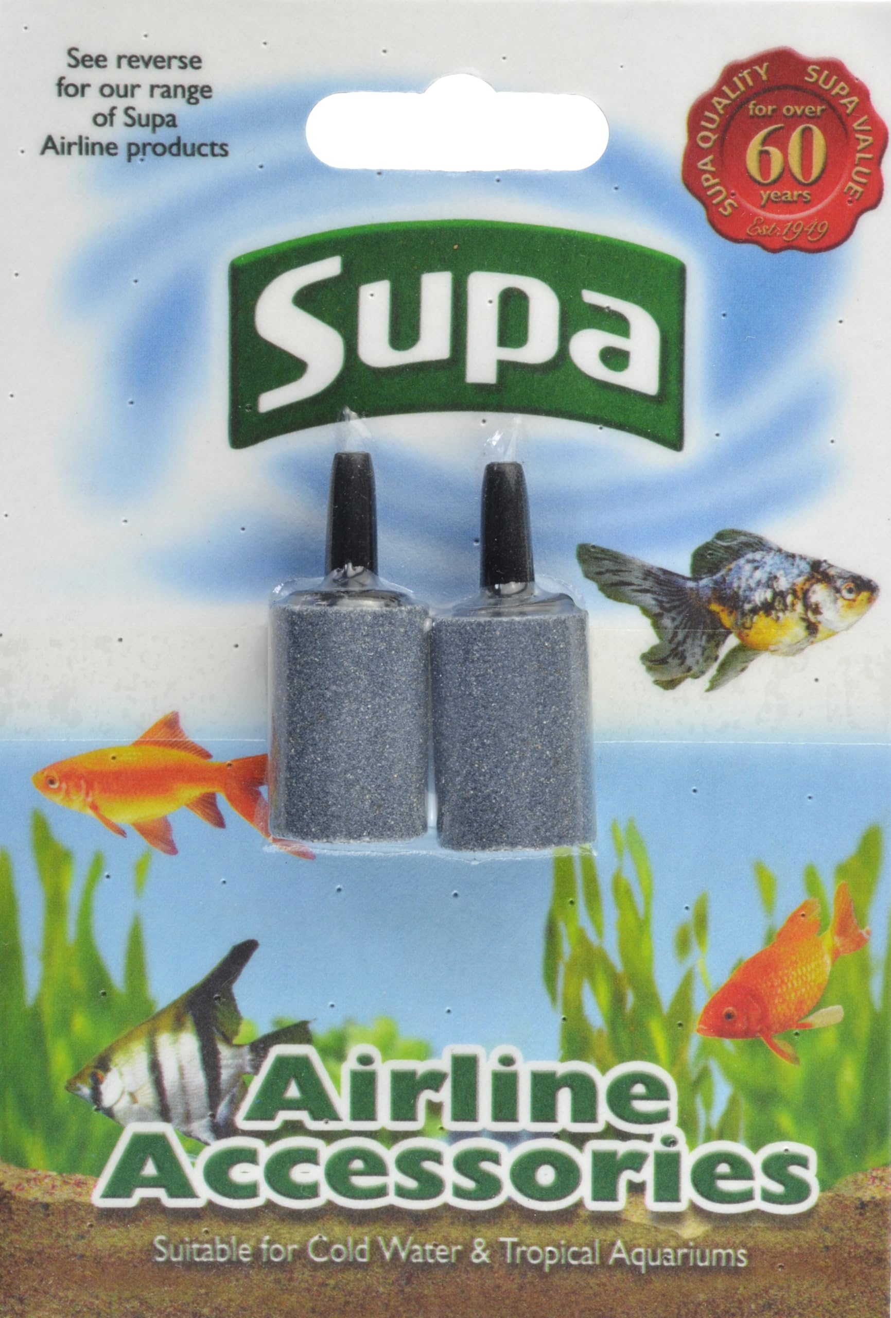 Supa Airline Airstone Carded, 2-Piece, Used In Conjunction With An Air Pump To Simply Diffuse The Air Via A Fine Mist Of Bubbles Into The Aquarium Thus Oxygenating The Aquarium/Fish Tank