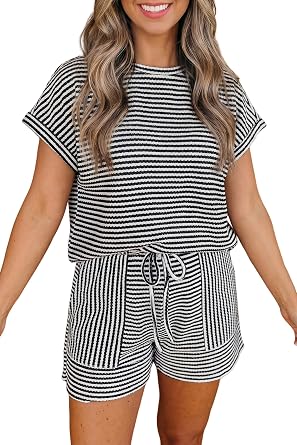 Urchics Women 2 Piece Brown Stripe Breathable Textured Knit Short 2Pcs Set