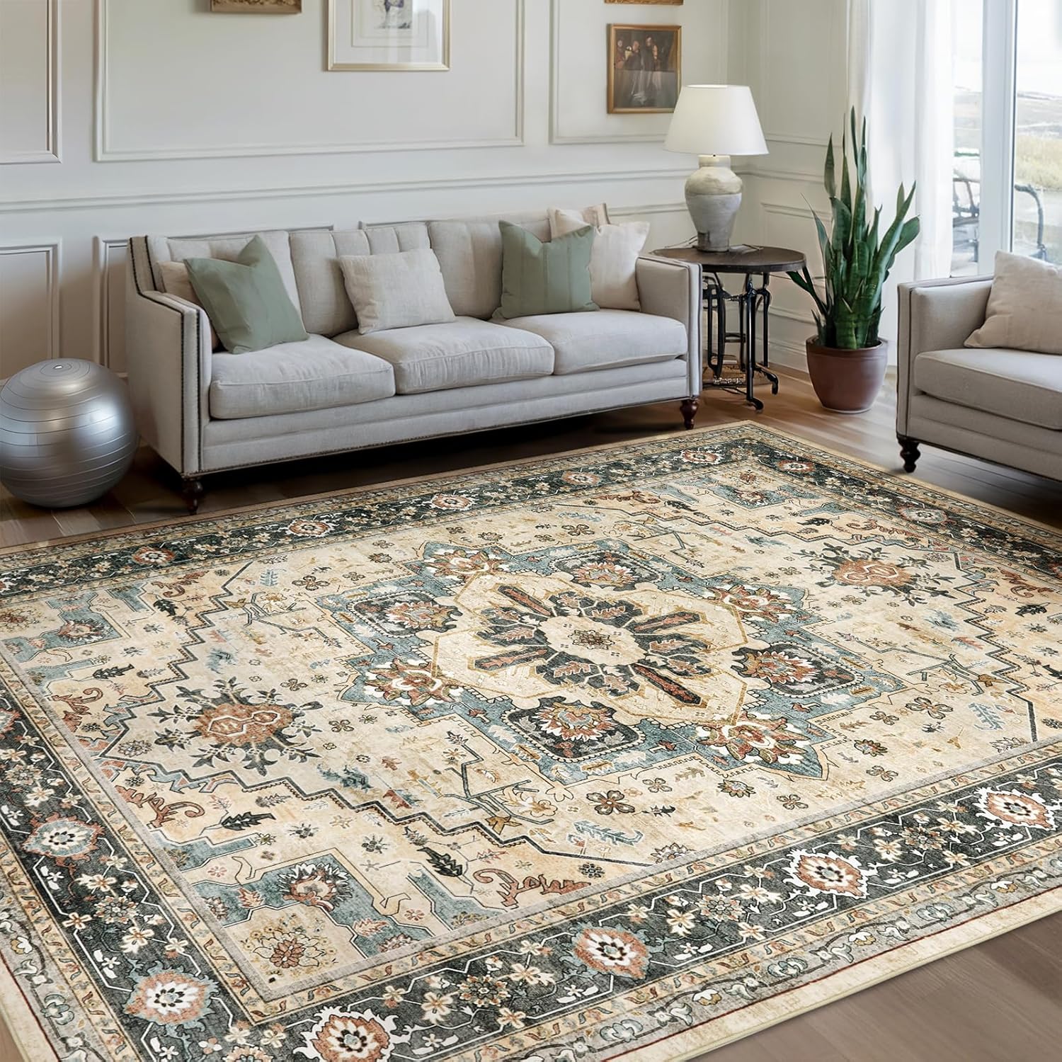Area Rugs for Living Room 9x12 - Large Machine Washable Vintage Oriental Soft Rug, Low Pile Thin Carpet with Non Slip Backing for Bedroom, Dorm, Under Dining Room Table, Indoor House, Office Decor
