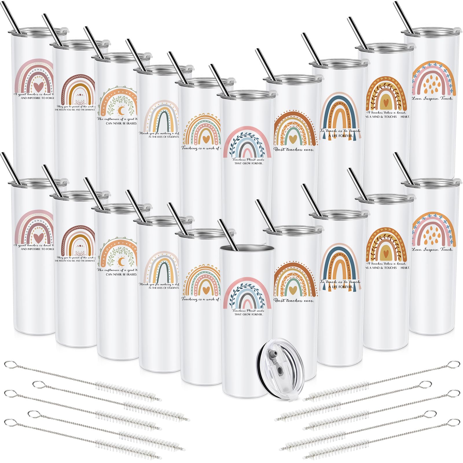 20 Pcs Teacher Appreciation Gifts for Women Tumbler Cup Stainless Steel Insulated Rainbow Mug with Lids End of Year Thank You Gifts from Students for Teacher Nursing Mentor (21OZ)