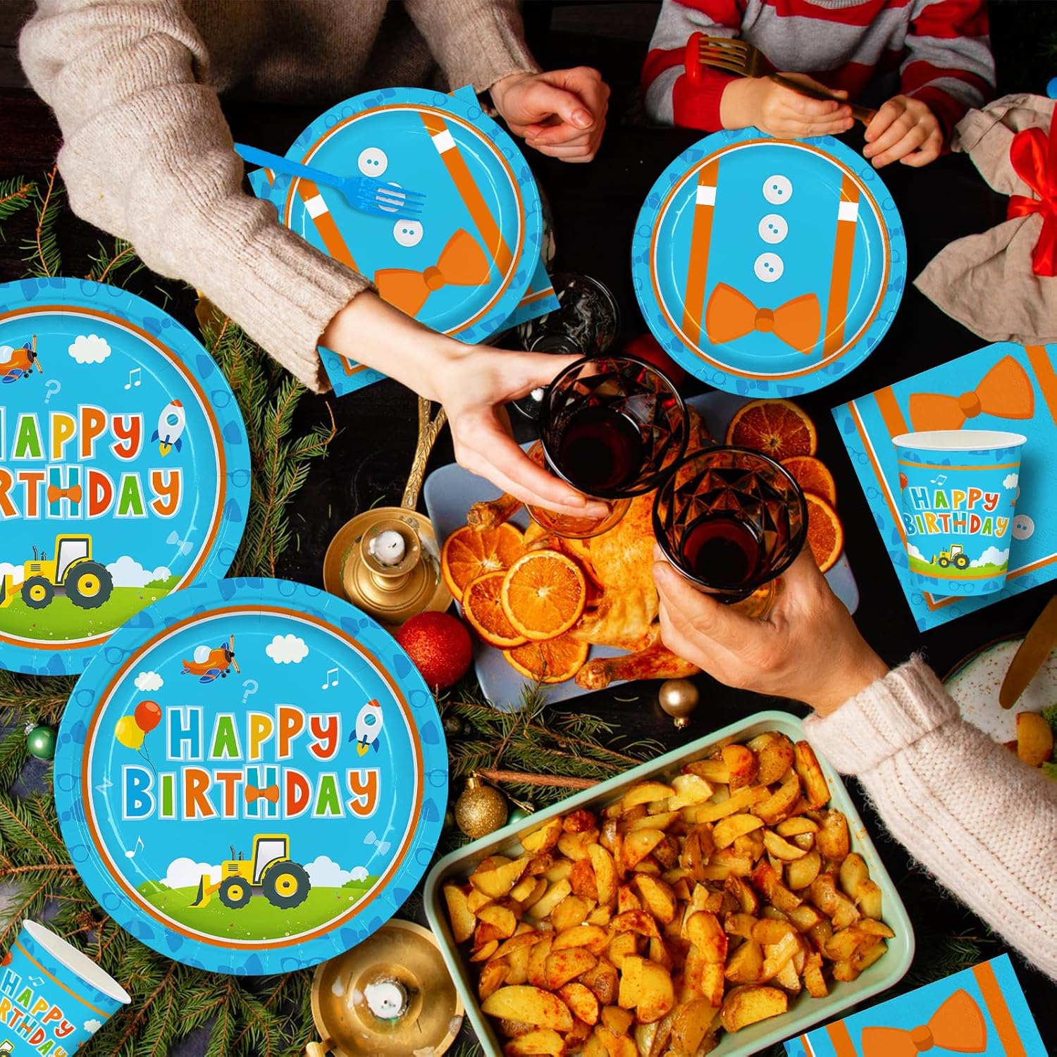 168pcs Blue Birthday Party Supplies Orange Plates Napkins Paper Cups Blue Forks Boys Cartoon Birthday Party Decorations Disposable Tableware Set Serve 24 - Image 7