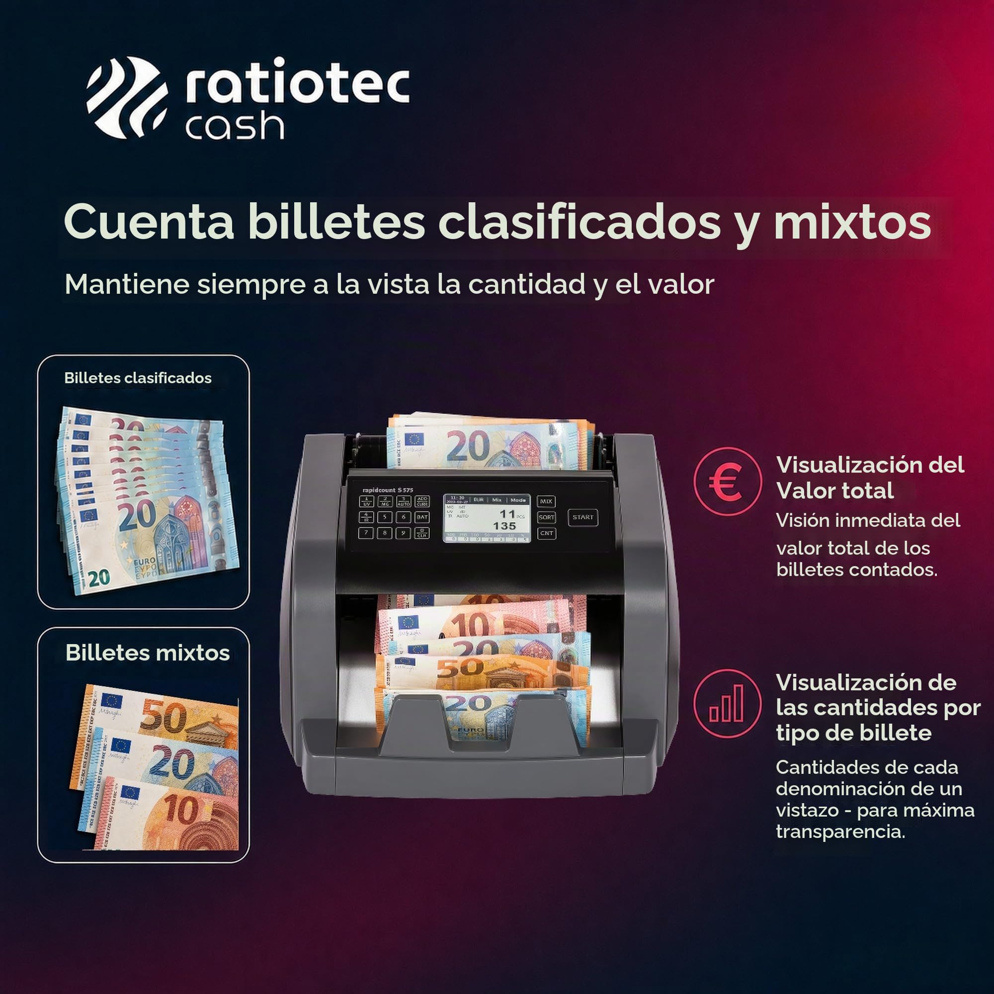 ratiotec Máquina contadora de billetes rapidcount S 575 para billetes mixtos con valoración en negro