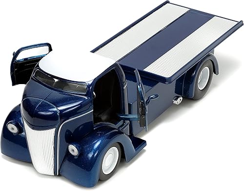Jada Toys Just Trucks 1:24 1947 Ford COE - Auto de cama plana fundido a presión color azul oscuro y blanco con estante para neumáticos, juguetes