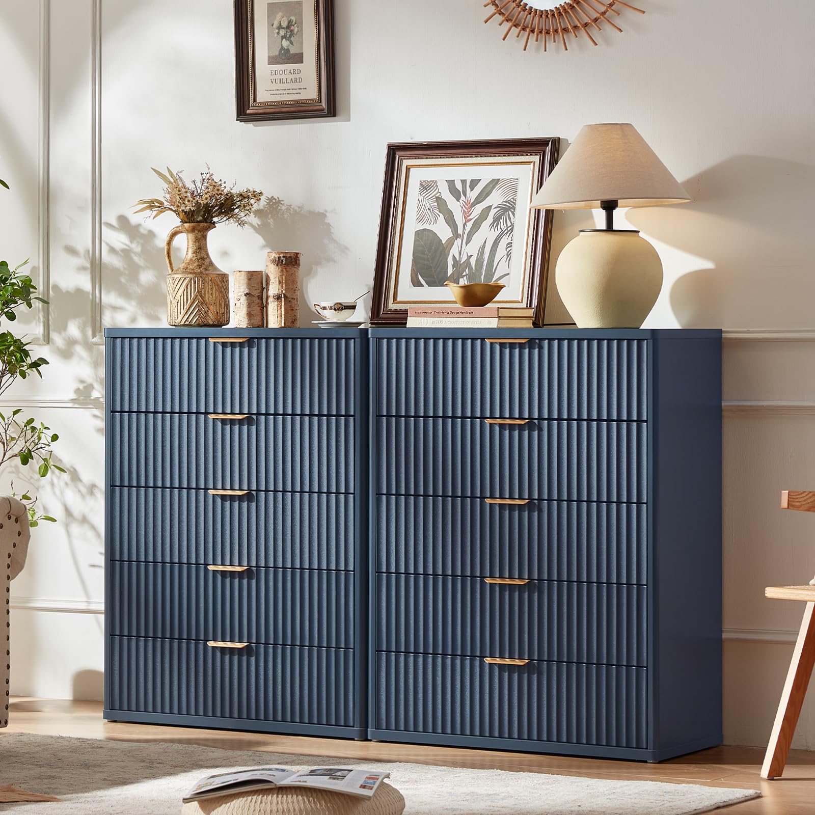 LEYAOYAO Fluted 5 Drawers Dresser Set of 2, 41" Tall Modern Chest of Drawers with Metal Handle, Curved Profile Dresser TV Stand, Wooden Drawer Organizer for Bedroom, Living Room, Hallway, Navy Blue