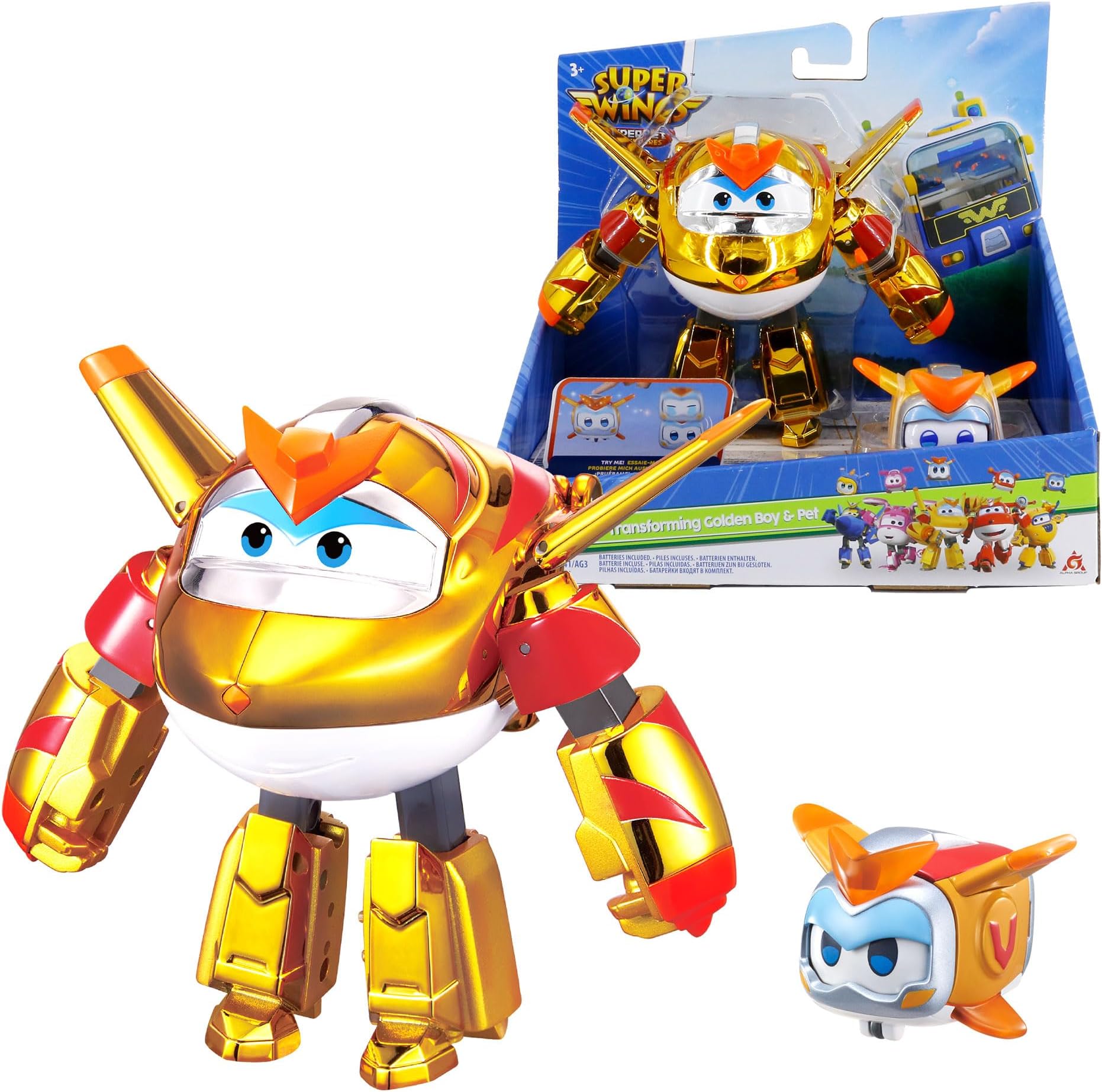 5" Transforming 2-Pack Supercharged Golden Boy & Super Pet with Light Effect, Season 7 Airplane to Robot Transformable Toys, Preschool Birthday Gifts for Kids 3+