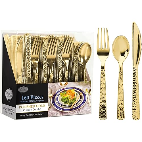 Plastic Cutlery Silverware Extra Heavyweight Disposable Flatware, Full Size Cutlery Combo, Gold Pebbled, 80 Forks, 40 Spoons, 40 Knifes, Value Pack 160 Count