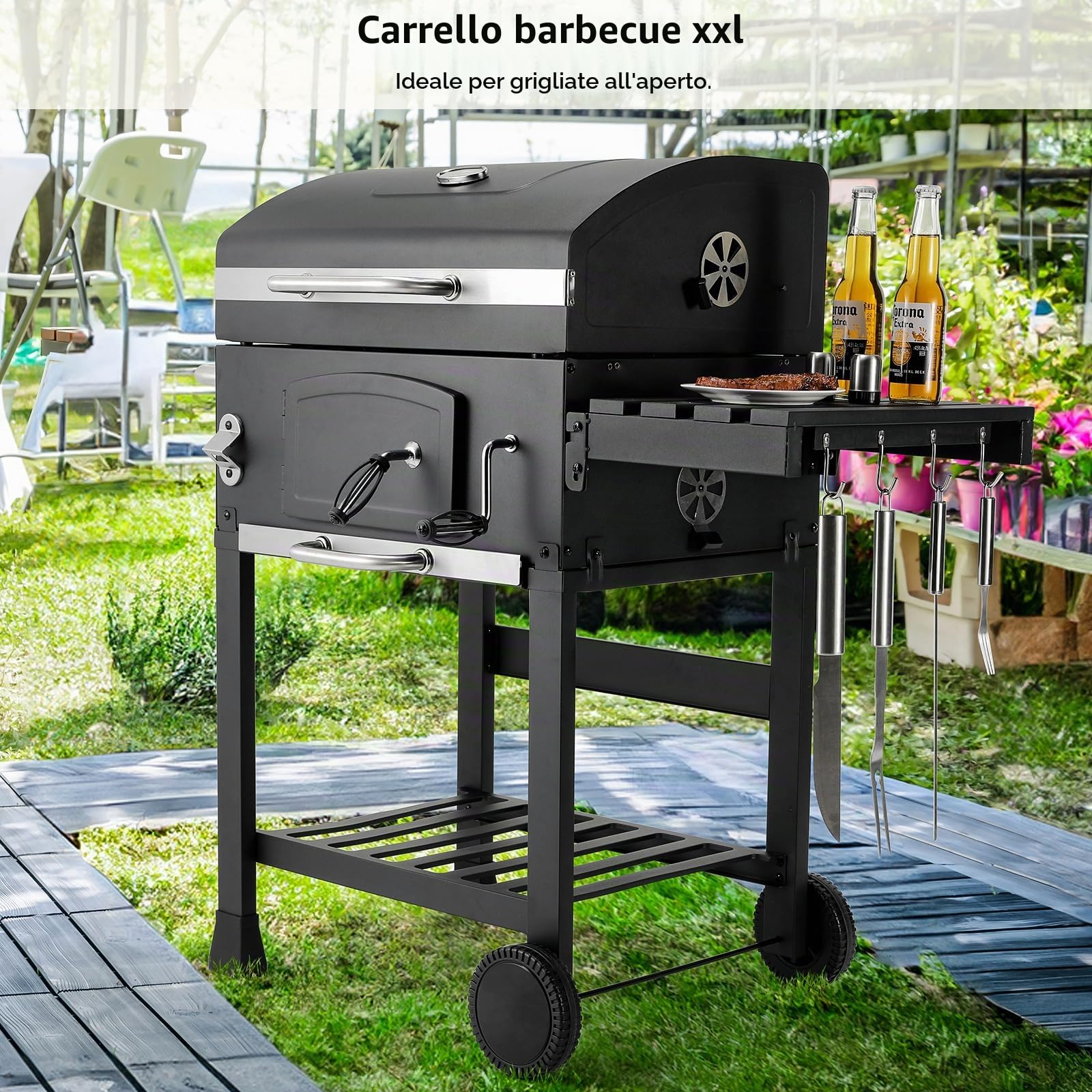 LIFERUN Barbecue Carbonella XL, Barbecue a Carbonella con Coperchio, Griglia per Barbecue con 2PCS Ruote, Termometro, Grande BBQ Smoker con Carrello per Campeggio, Giardino