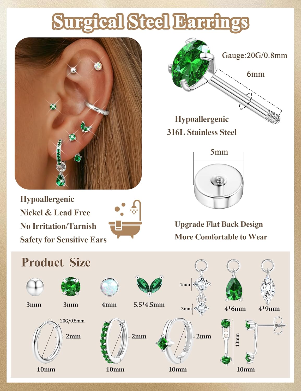 Sanfenly Hypoallergenic Flat Back Earrings-Cartilage Earring for women-20G Surgical Steel Earrings for Sensitive Ears-14K Gold Plated Flatback Stud Earring Sets for Helix Tragus Piercing Jewelry - Image 8