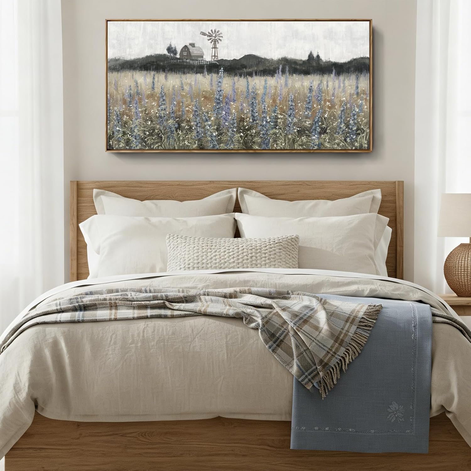 Framed Canvas Wall Art for Living Room Rustic Farmhouse Scenery Vintage Countryside Windmill Barn Picture Nature Wilderness Landscape Wildflower Field Meadow Print Painting Retro Artwork 48"W x 24"H