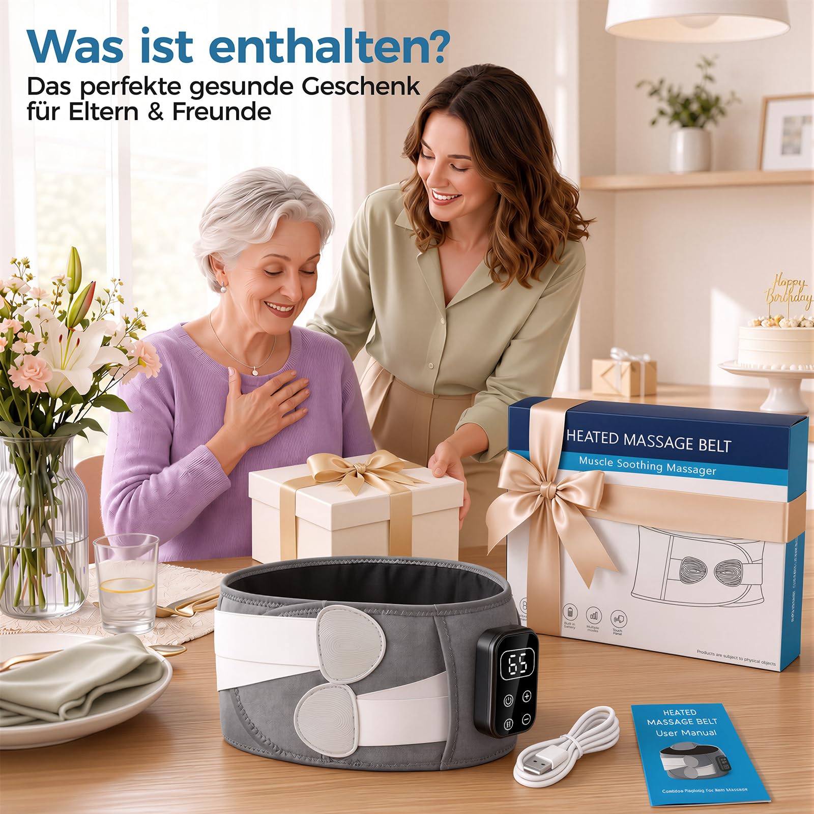 Wärmegürtel Rücken Heizkissen Kabellos Massagegerät, Elektrische Heizmatte Taillengurt mit 5 Massagemodi 3 Wärmestufen Touchscreen Für Den Unteren Rücken Geschenk für Frauen Männer