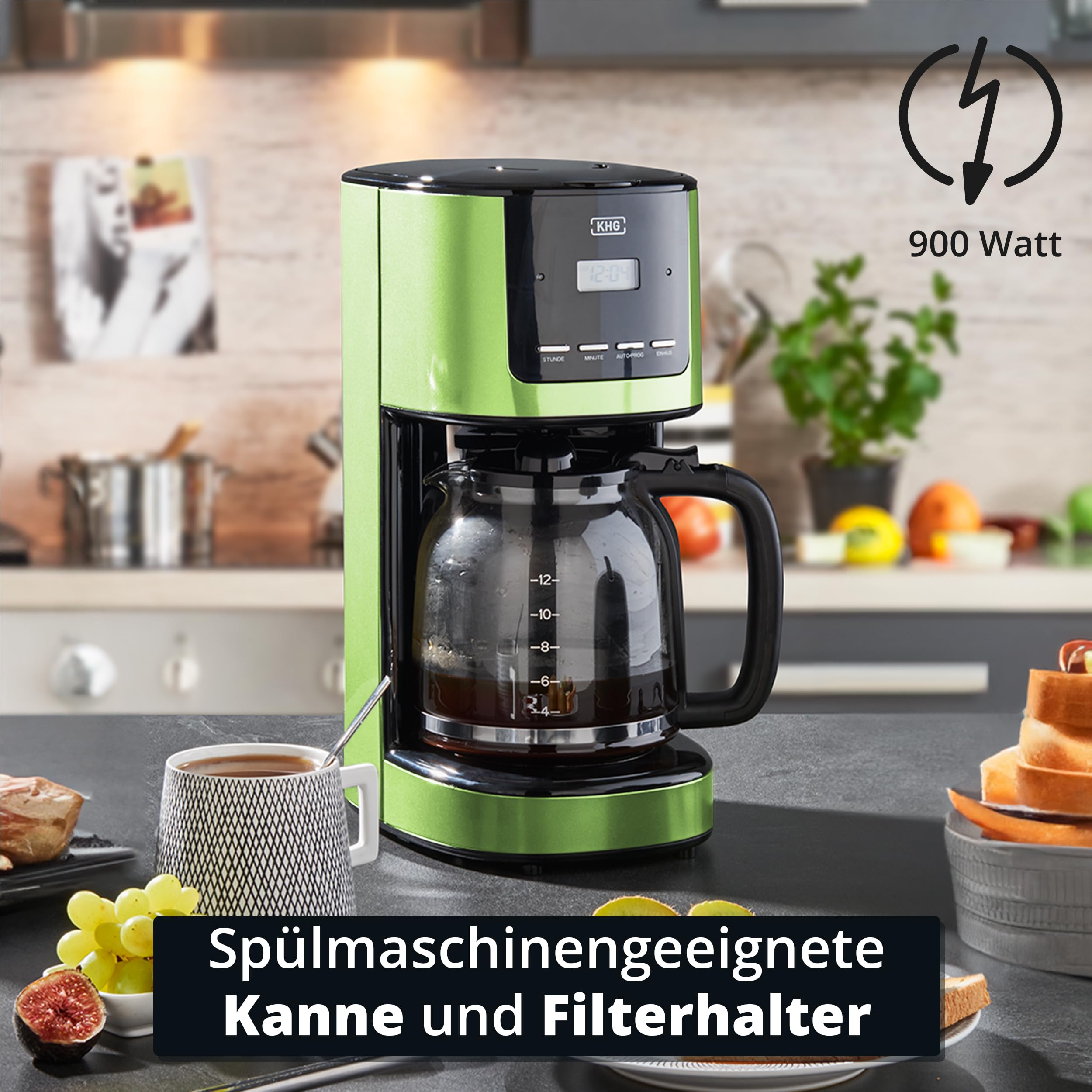 KHG Kaffeemaschine KA-184 (L) in Grün, 12 Tassen, 1,5L, 900W, Abschaltautomatik, Permanentfilter, Glaskanne und Filterhalter spülmaschinengeeignet, Timer-Funktion, LCD-Display, Tropfstopp