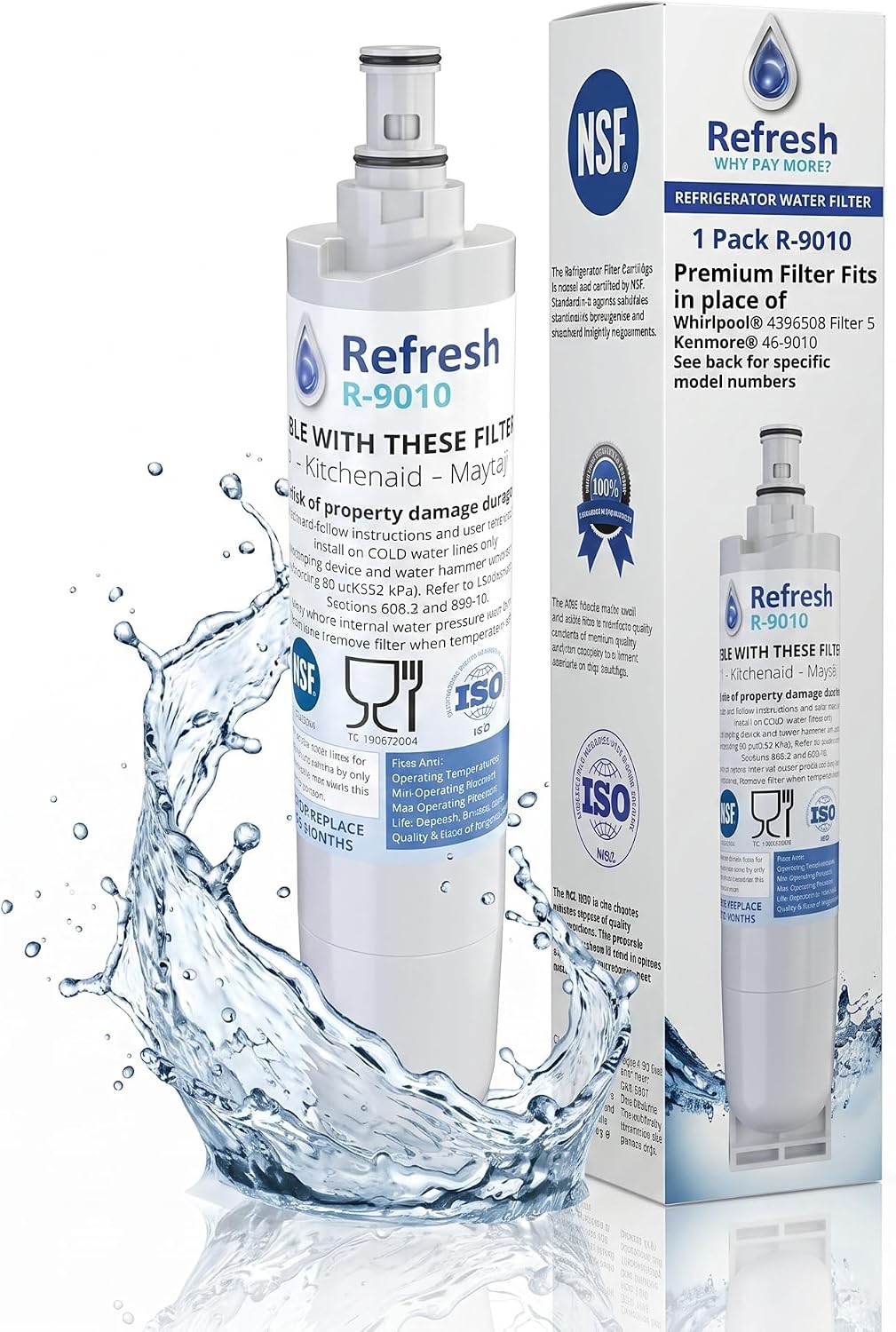 Refresh R-9010 Refrigerator Water Filter, Compatible with Kenmore 46-9010, 469010, 9010, 46-9085, AQF-4396508, Aquafresh WF285 and IcePure RFC05000A (1 Pack, Standard)