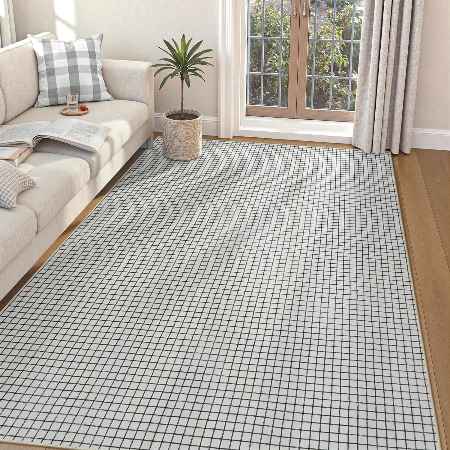 STARUIA Washable Plaid Area Rugs 5x7, Black and White Checkered Rugs for Living Room Non Slip Modern Neutral Geometric Bedroom Rug, Low Pile Soft Grid Carpet for Dining Room Nursery Home Office
