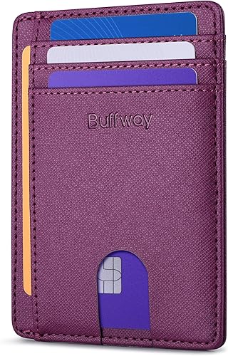 Miniatura 18 de Buffway - Billetera delgada minimalista de cuero con protección RFID para hombre y mujer