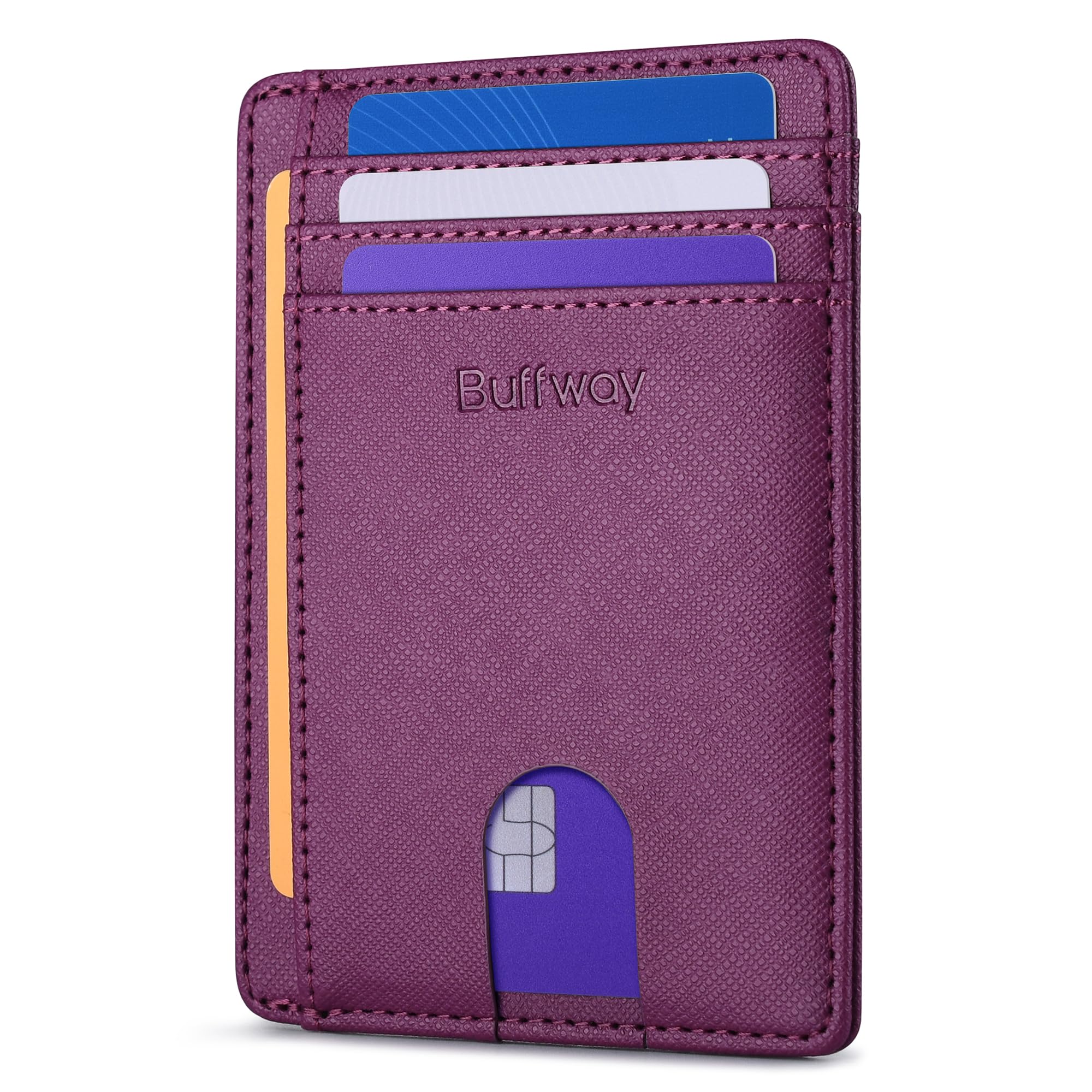 BuffwaySlim Minimalist Front Pocket RFID Blocking Leather Wallets for Men and Women - Cross Purple