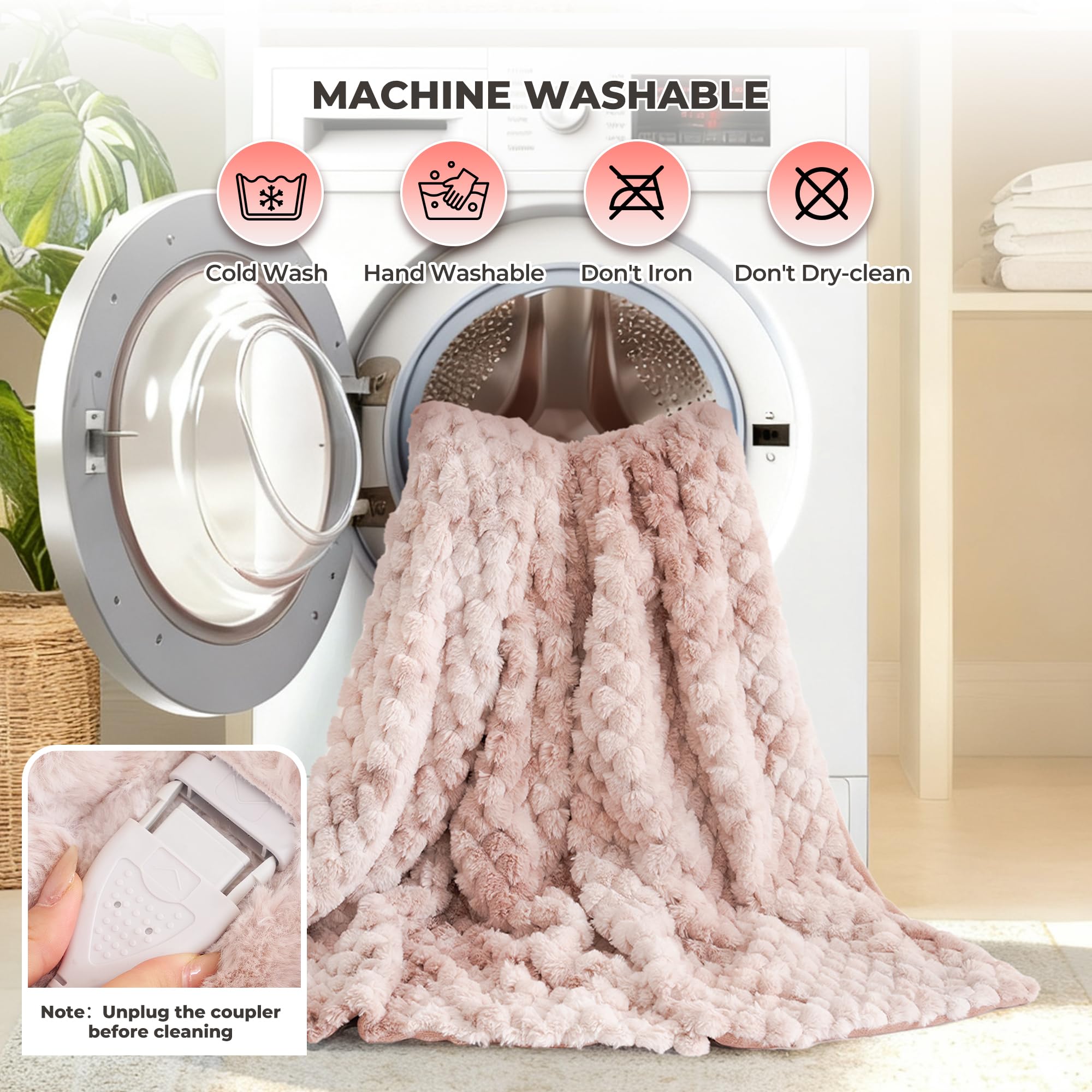 CURECURE Coperta Elettrica Riscaldante 130x180 cm, Jacquard 3D a Petalo in Peluche di Coniglio & Flanella, 6 Livelli di Calore & Spegnimento Automatico 1-10H, Lavabile per Letto/Divano/Ufficio (Rosa)