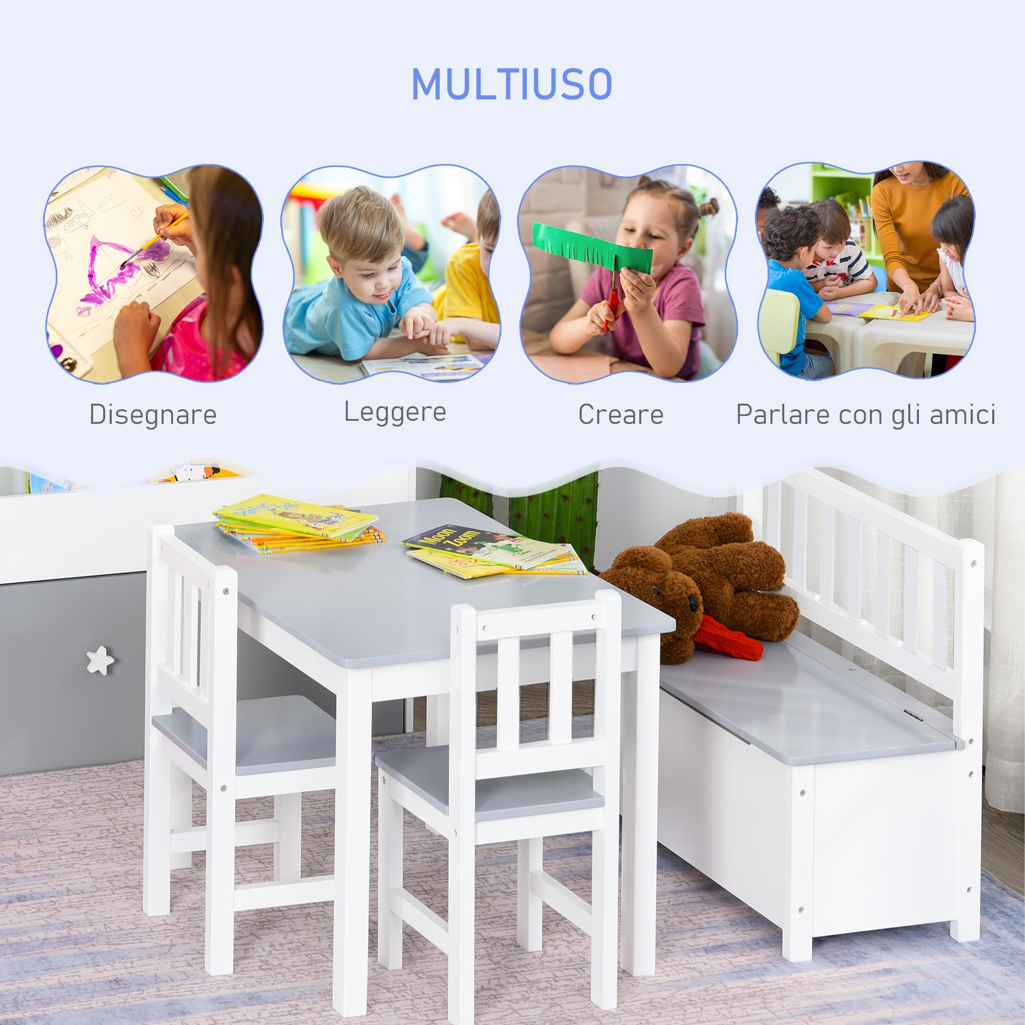 HOMCOM Set 4 Pezzi con Tavolo per Bambini, 2 Sedie e Cassapanca, Arredamento Cameretta, Tavolino con Sedie per Bambini in Legno Multiuso, Bianco e Grigio
