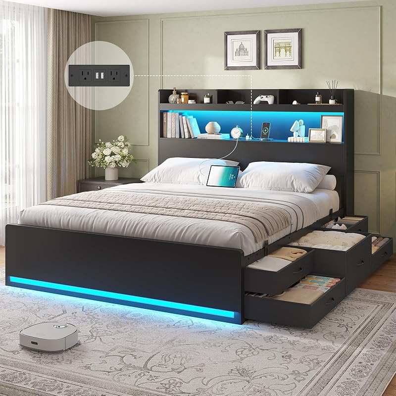 DICTAC Full Bed Frame with Storage Headboard & 5 Drawers, LED Bed Frame Full Size with Charging Station, Wooden Platform Storage Bed with Heavy-Duty Metal Support, No Box Spring Required, Noise-Free
