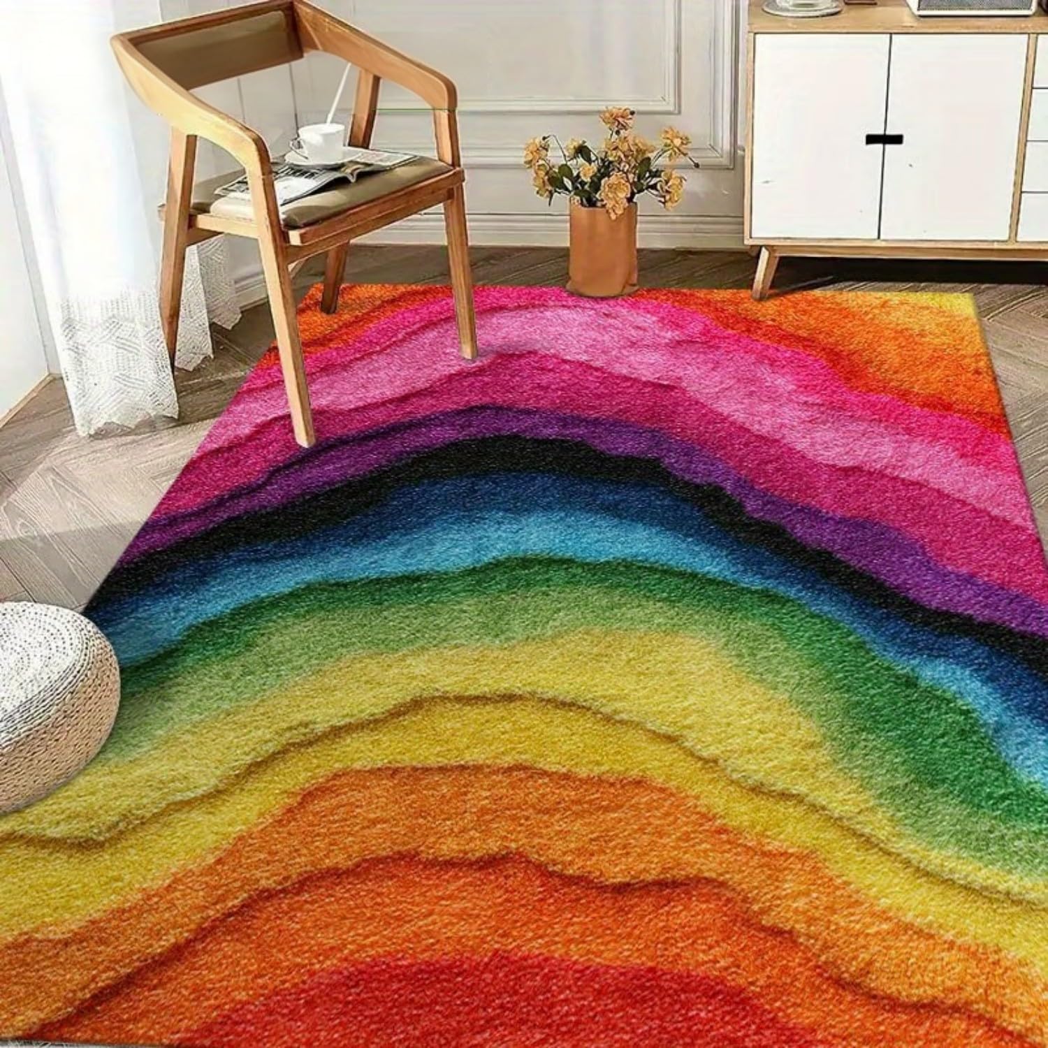 RICAUOU 3D Rainbow Area Rug for Living Room, 60x110cm Colourful Abstract Layered Pattern Modern Carpet, Large Non-Slip Washable Vibrant Room Decor Aesthetic Rugs for Bedroom Nursery Playroom